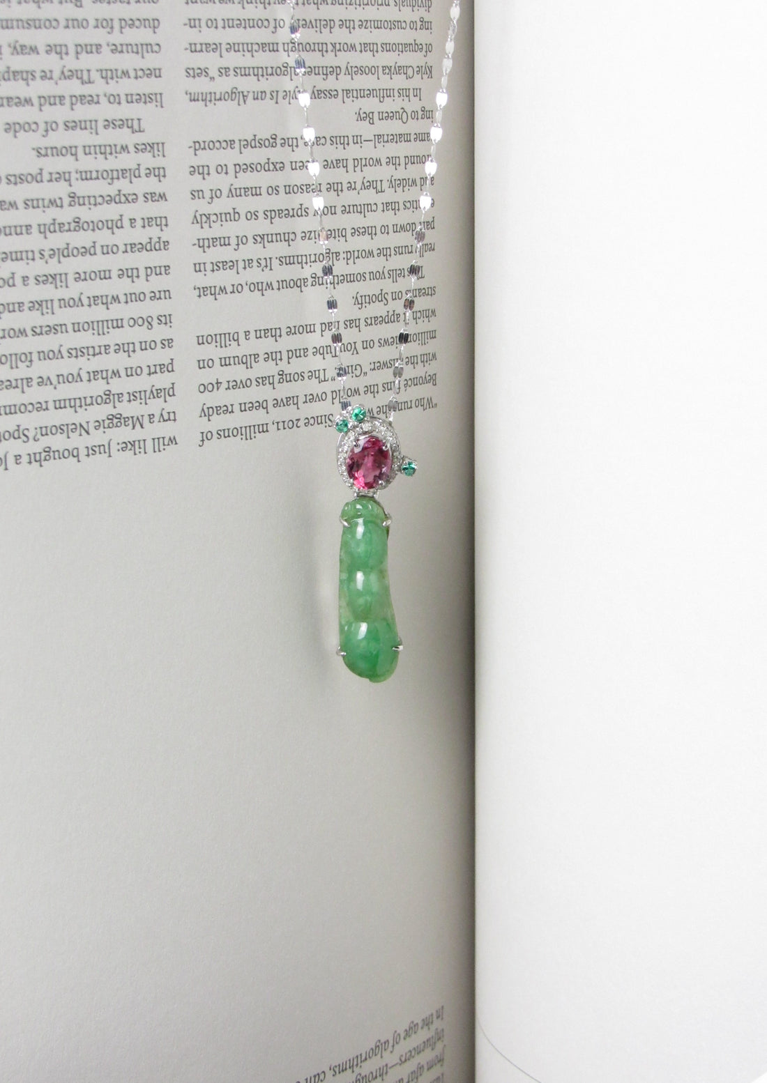 Jadeite Jade Pea with Rubellite Tourmaline and Tsavorite Pendant Necklace