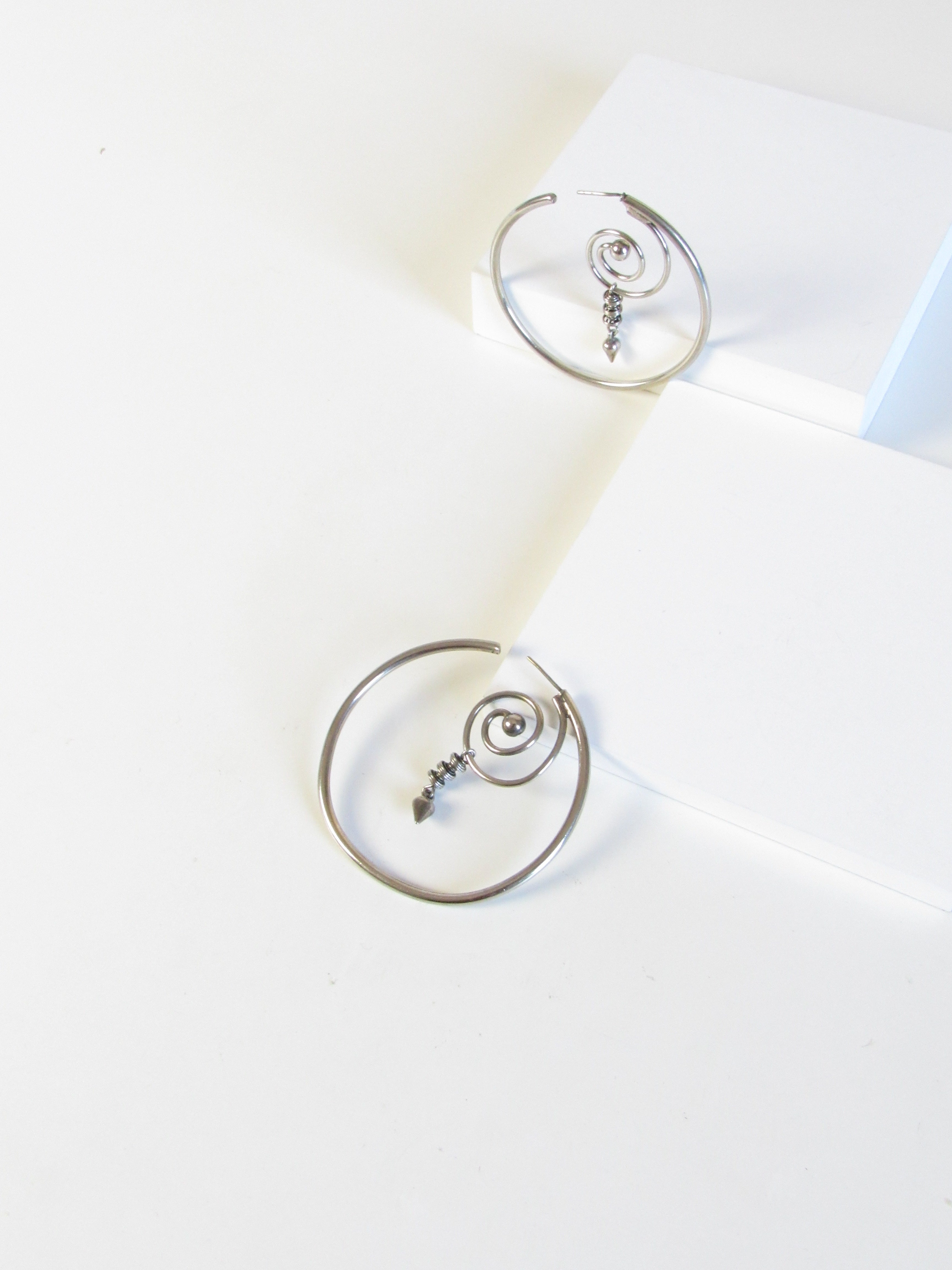 Vintage Modernism Scandinavian Whirlpool Silver Hoop Earrings
