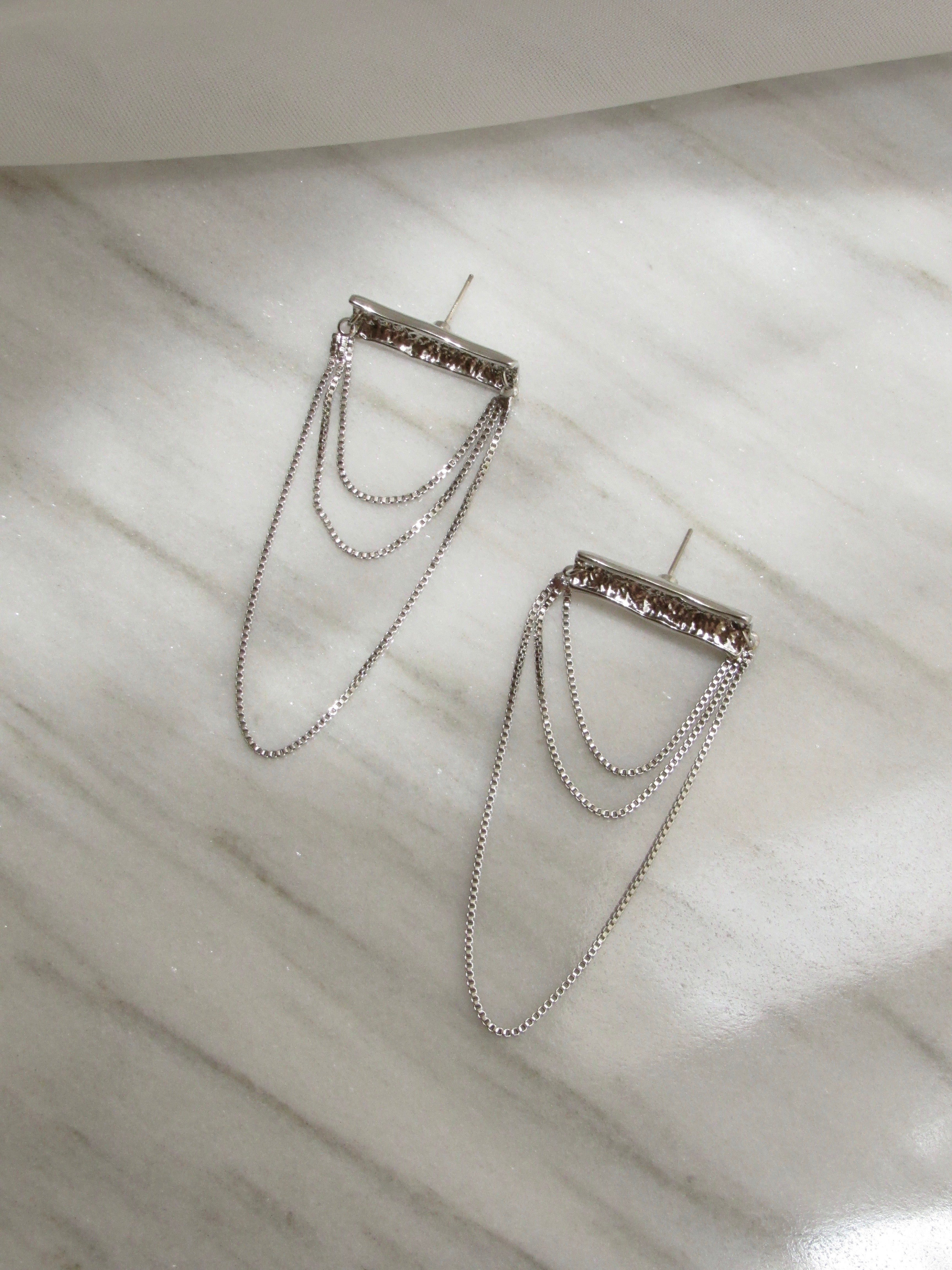 Textured Molten Bar Silver Earrings with Chains