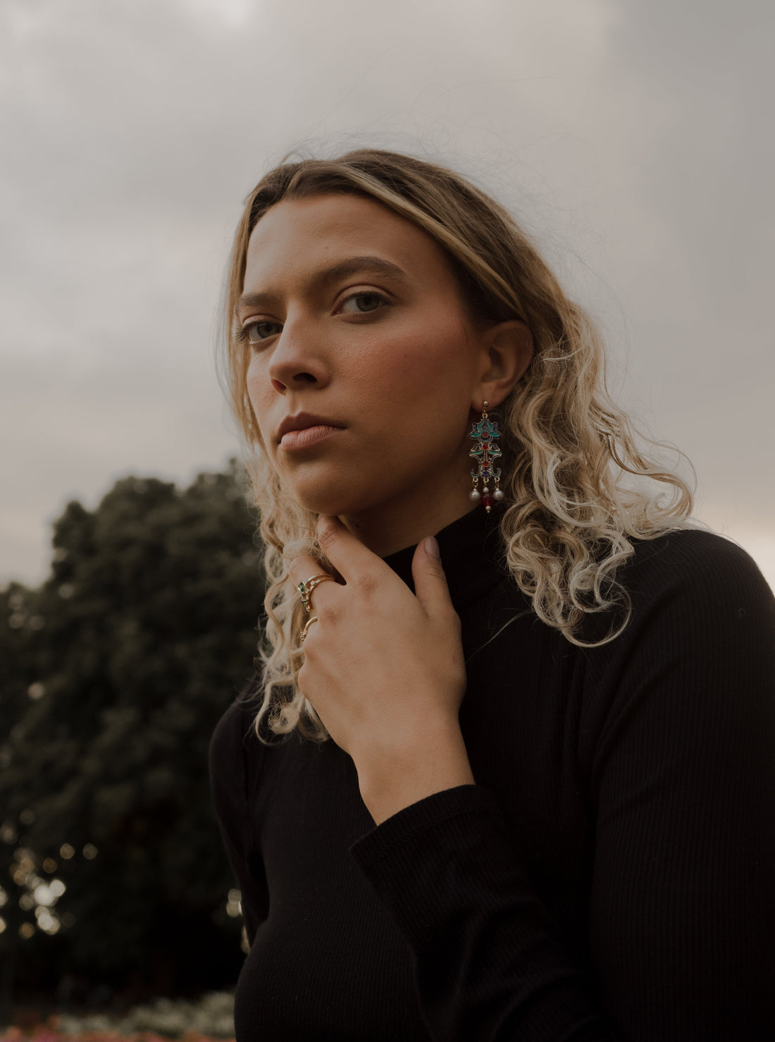 Pagoda Floral Blue Enamel Drop Earrings with Pearl in Gold