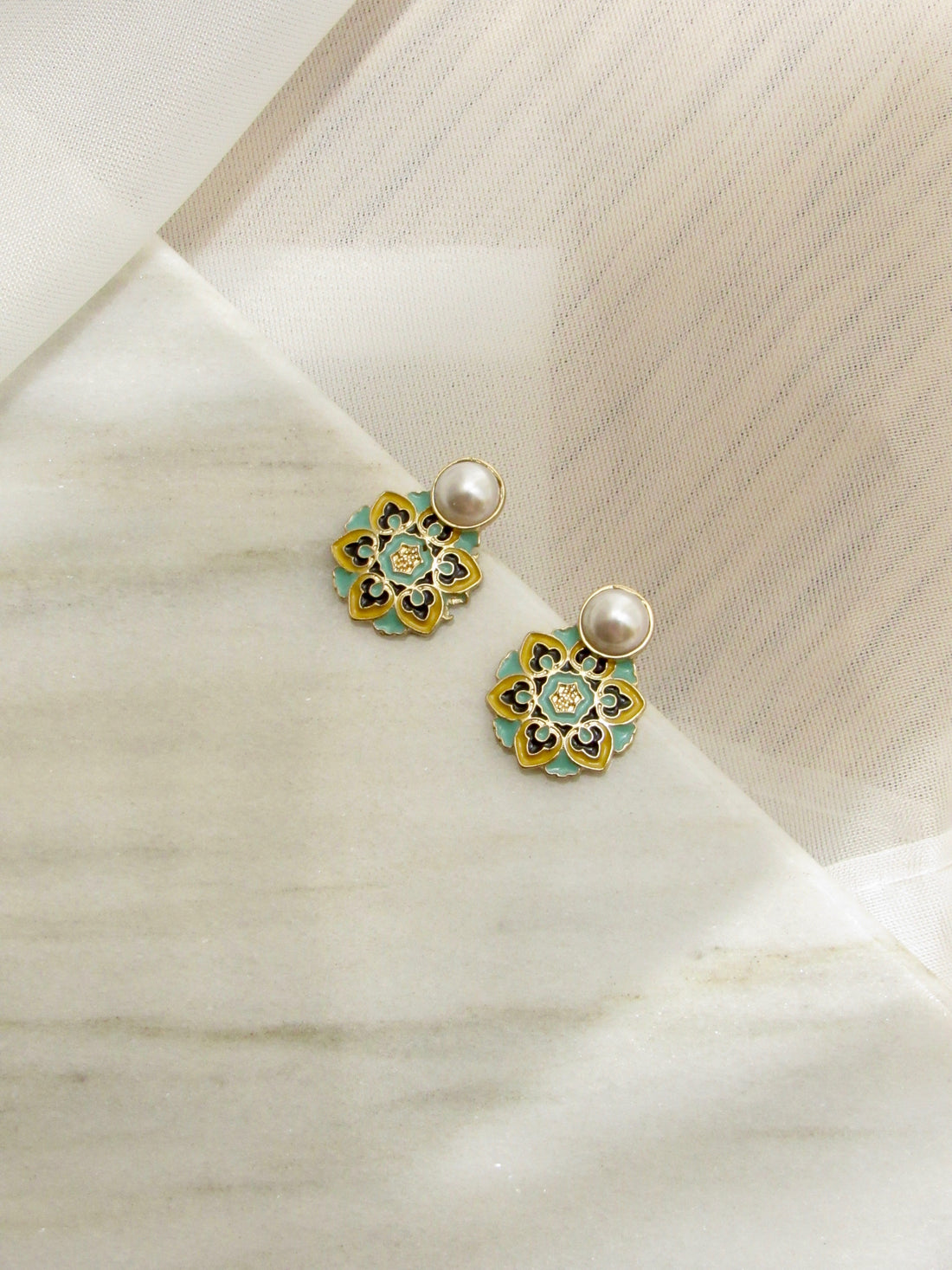 Mandalas Pearl Gold Stud Earrings