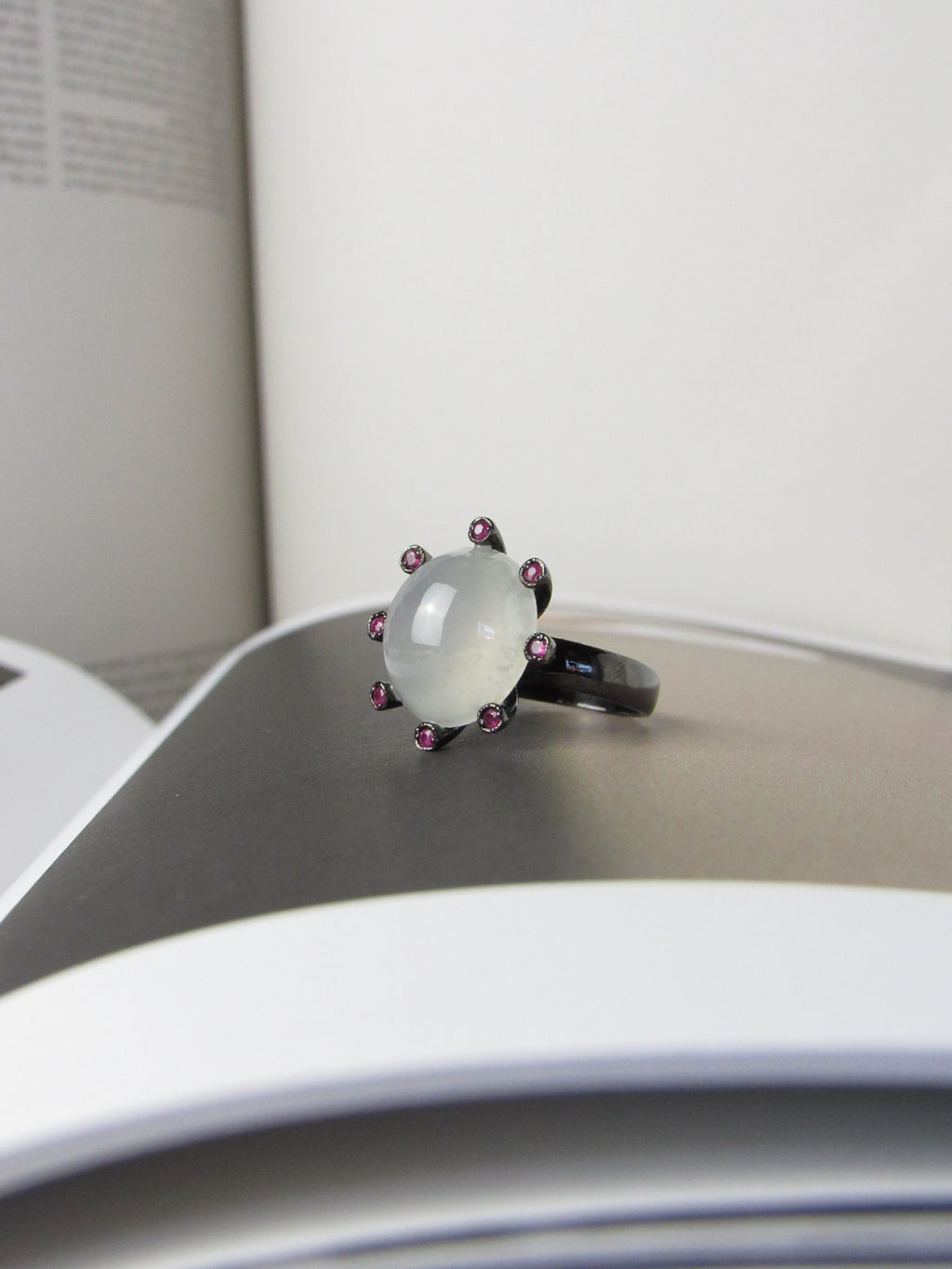 Vintage White Translucent Jadeite Jade and Ruby with Oxidized Silver Ring
