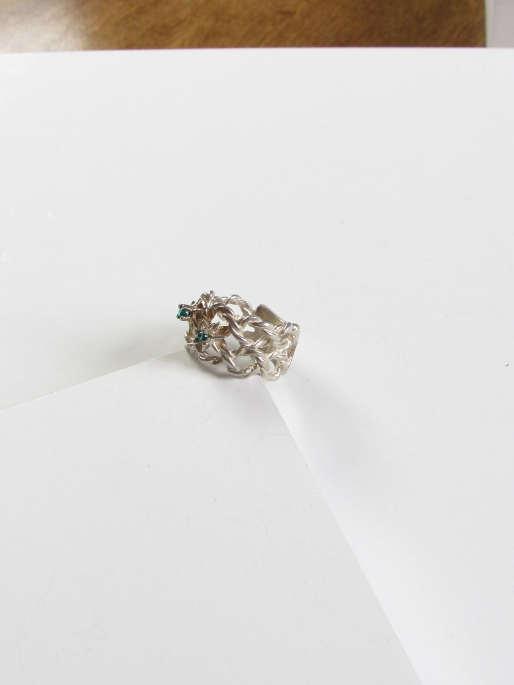 Green Colorstone Interlaced Silver Ring