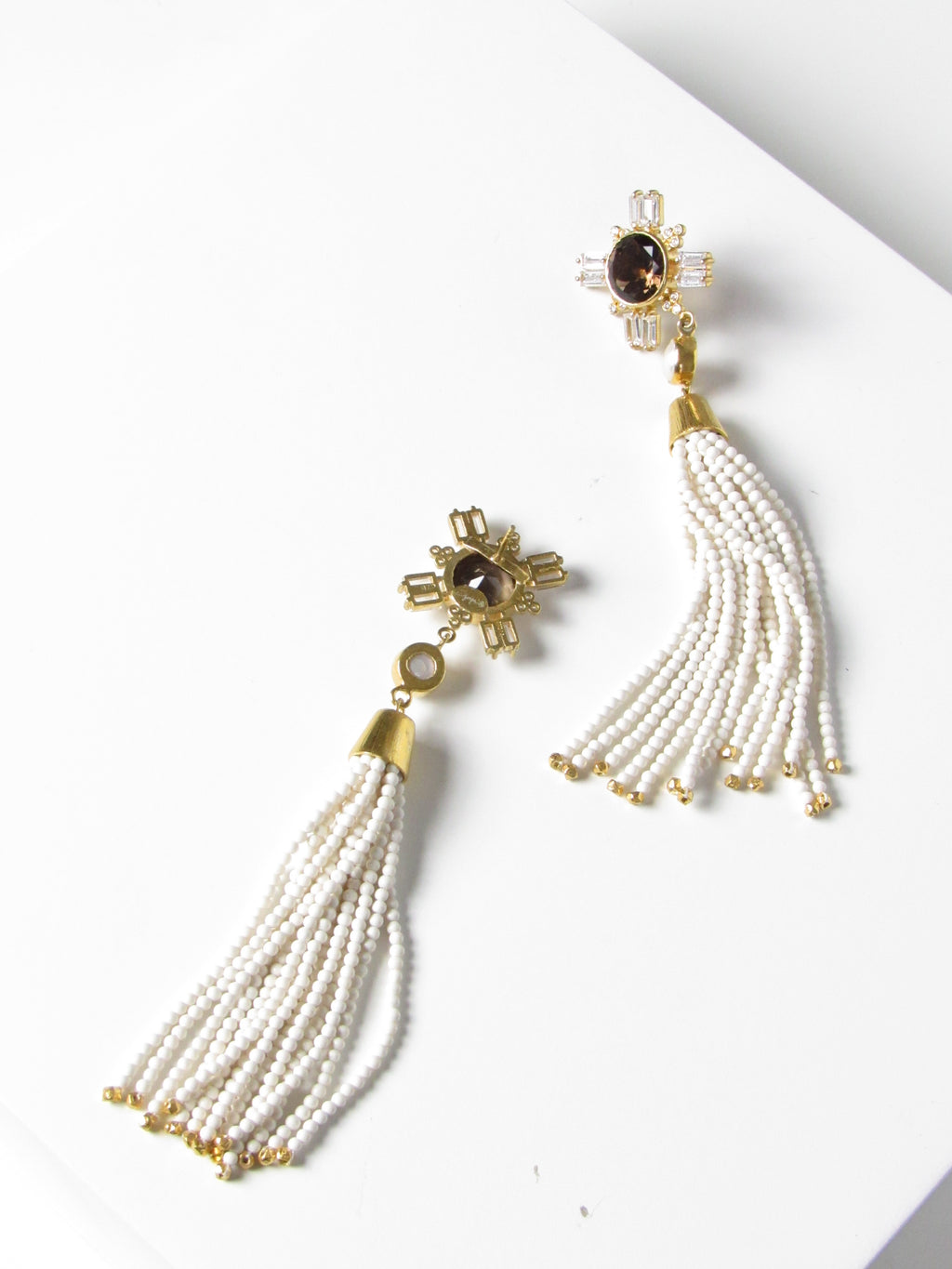 Vintage Gold Vermeil Smoky Gem with White Bead Tassel Earrings