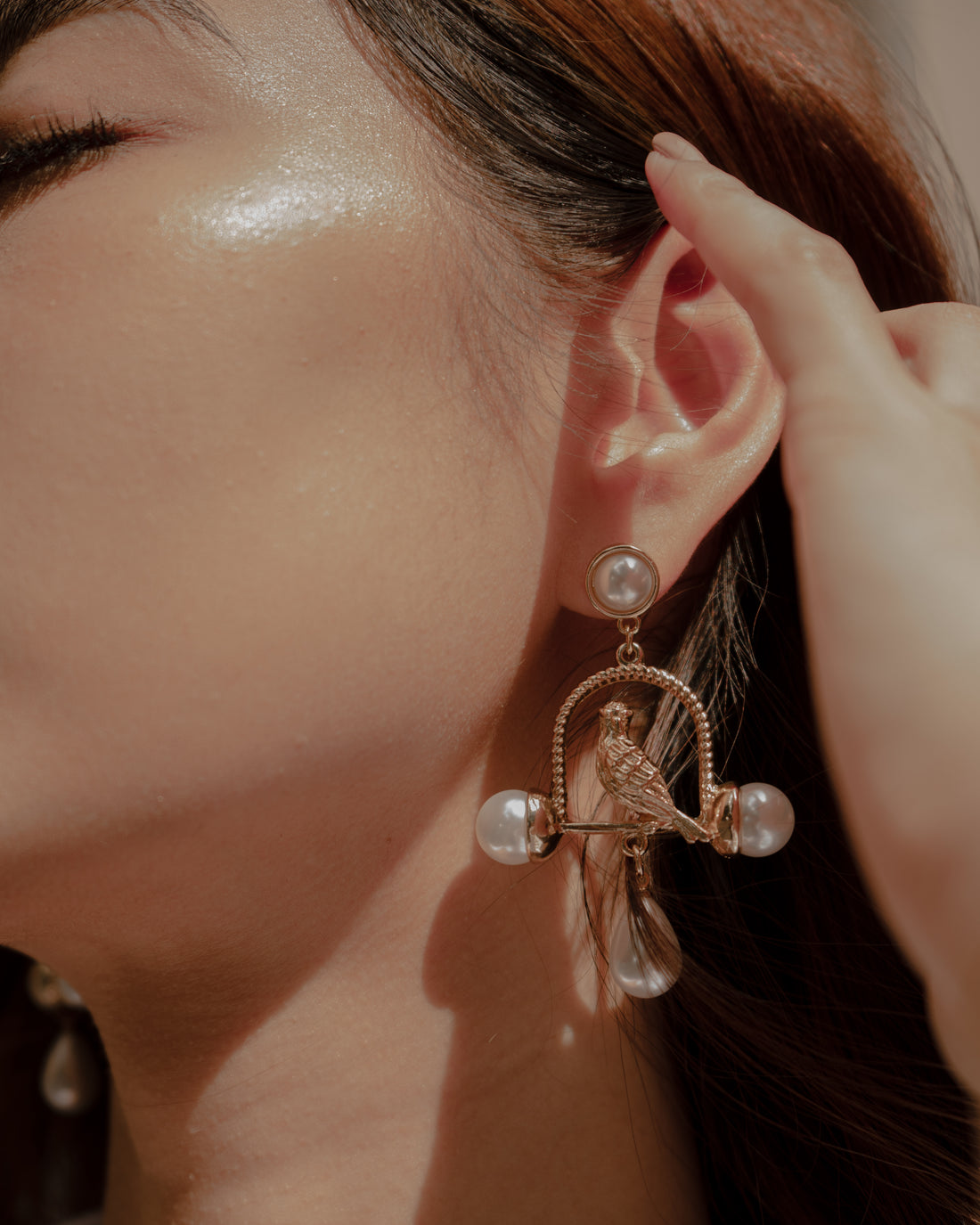 Bird House Gold Drop Earrings with Pearls