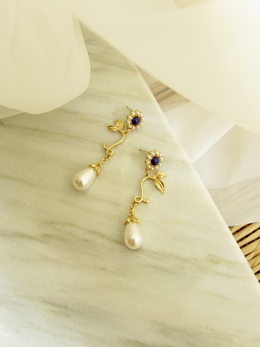 Purple Gem Flower Teardrop Pearl Earrings in Gold