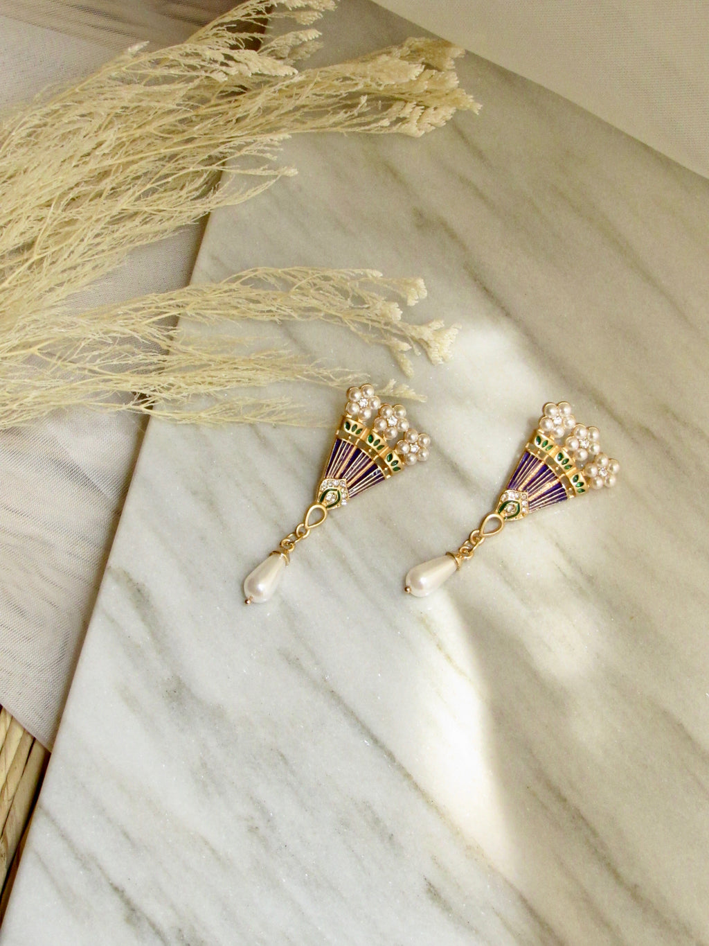 Multicolor Enamel Fan Pearl Gold Dangle Earrings