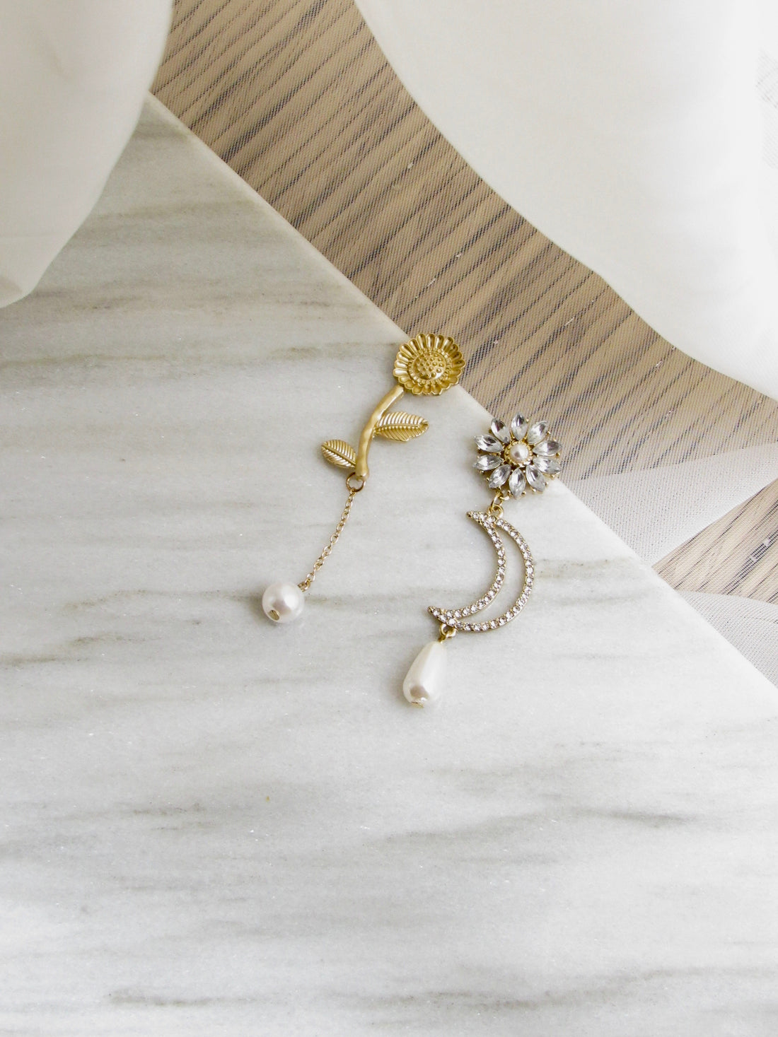 Asymmetric Sunflower & Moon Pearl Gold Dangle Earrings