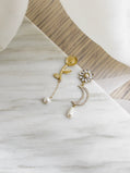 Asymmetric Sunflower & Moon Pearl Gold Dangle Earrings