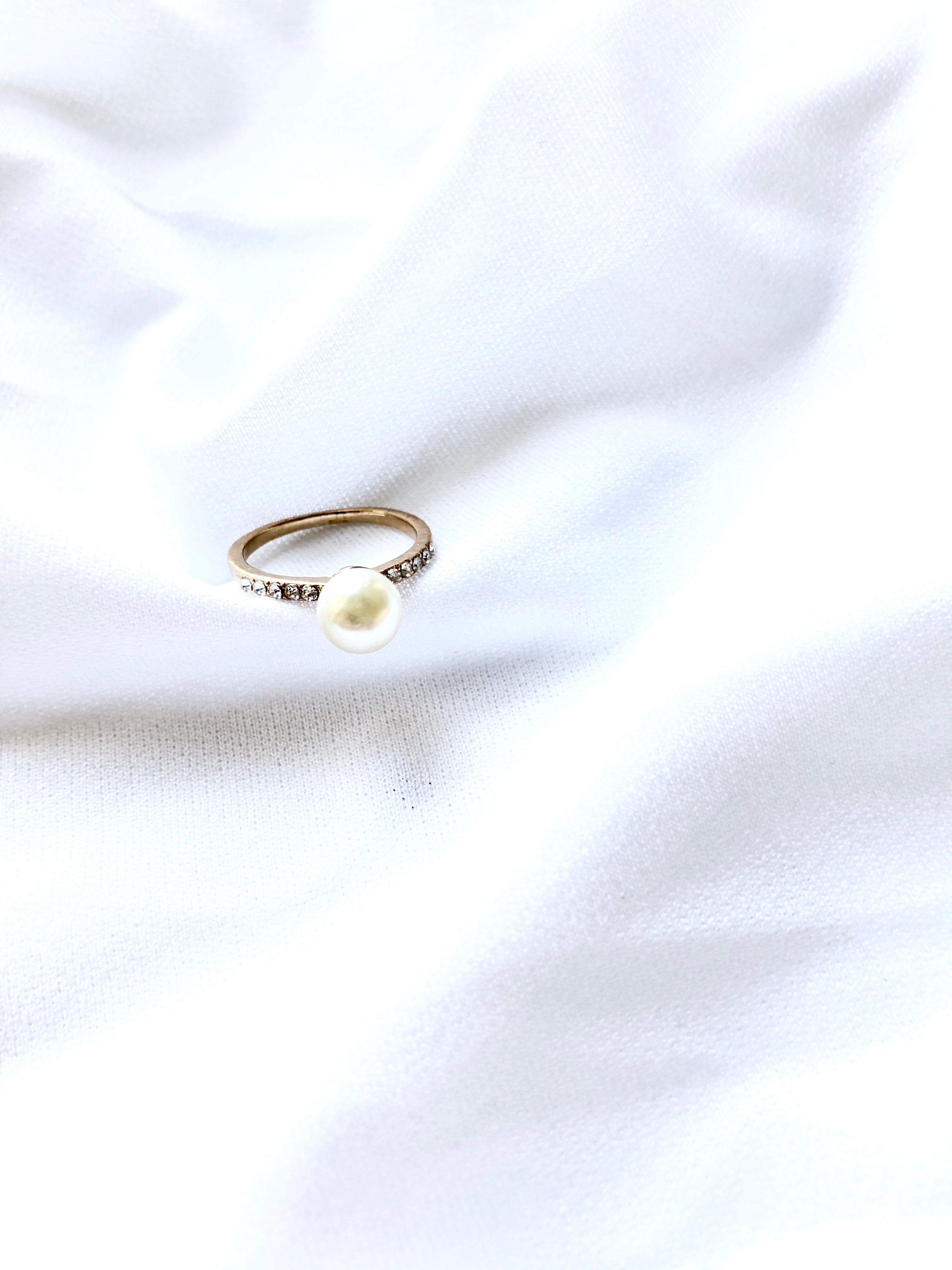 Dainty Pearl With Crystals Side Gold Ring