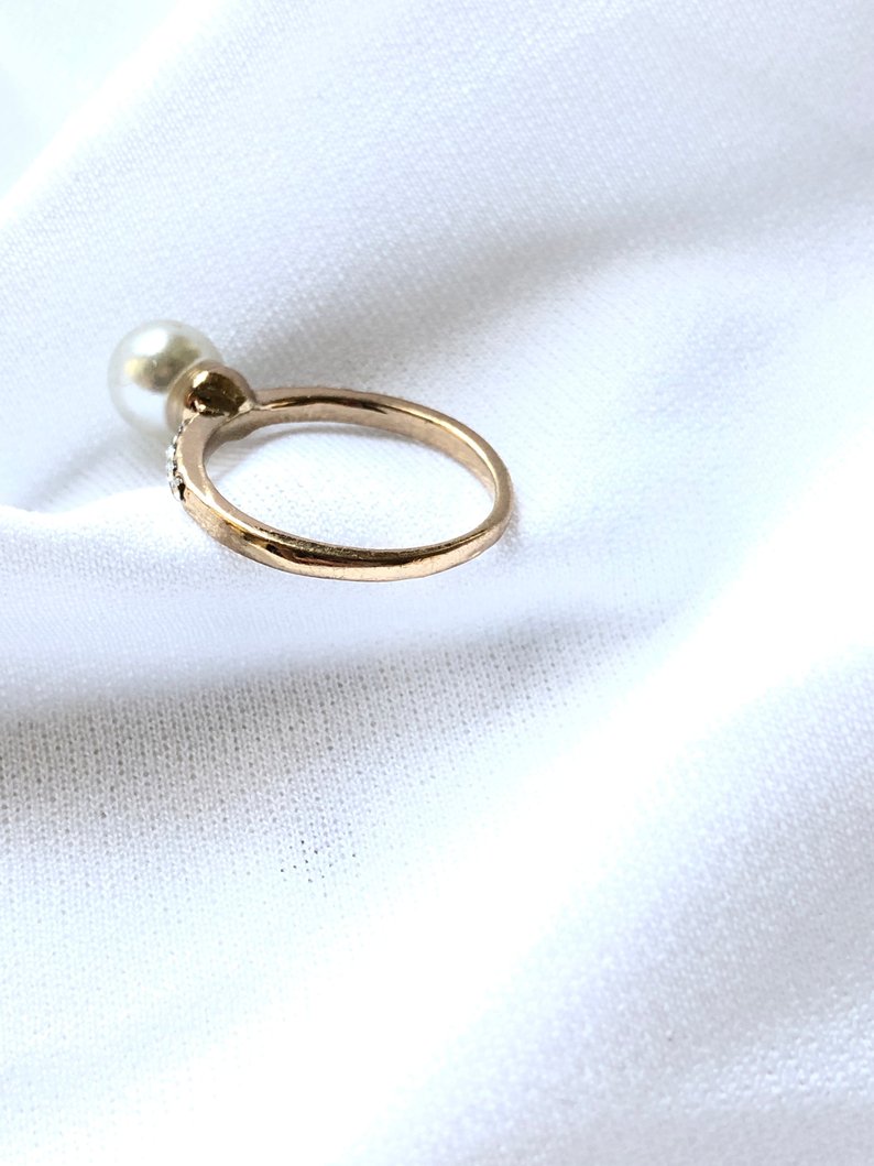 Dainty Pearl With Crystals Side Gold Ring