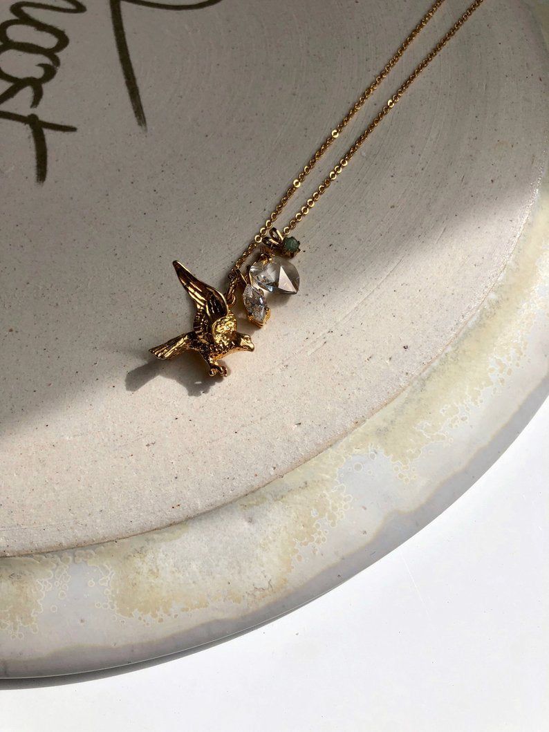 Vintage Eagle & Gemstone 18k Gold Plated Charm Necklace