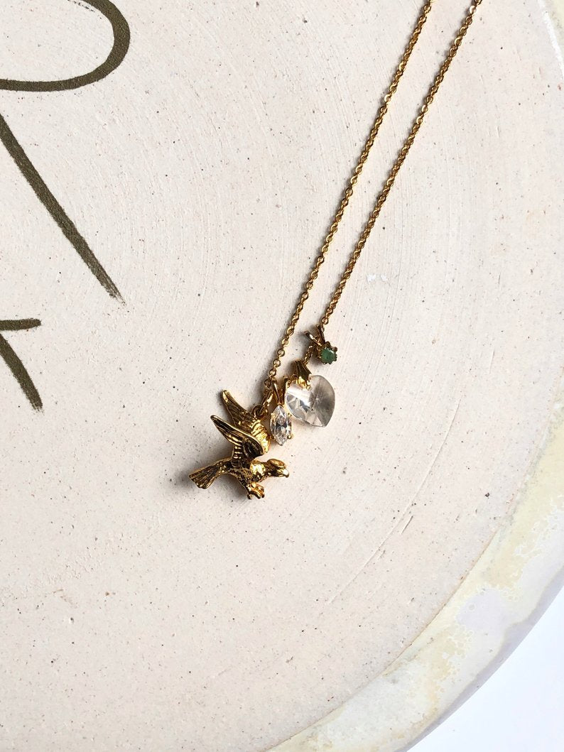 Vintage Eagle & Gemstone 18k Gold Plated Charm Necklace