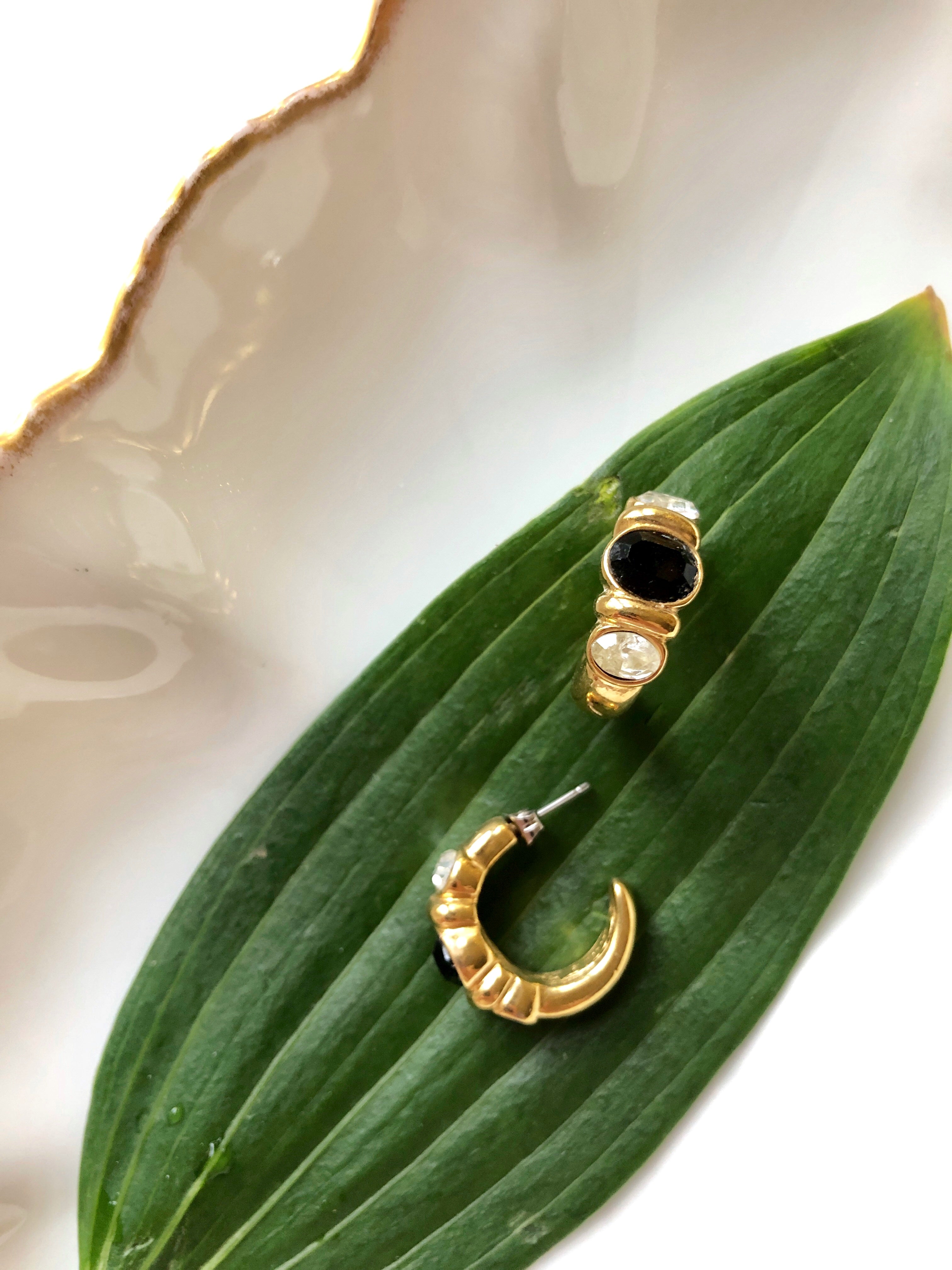 Avon Embed Black Gemstone Gold Hoop Earrings