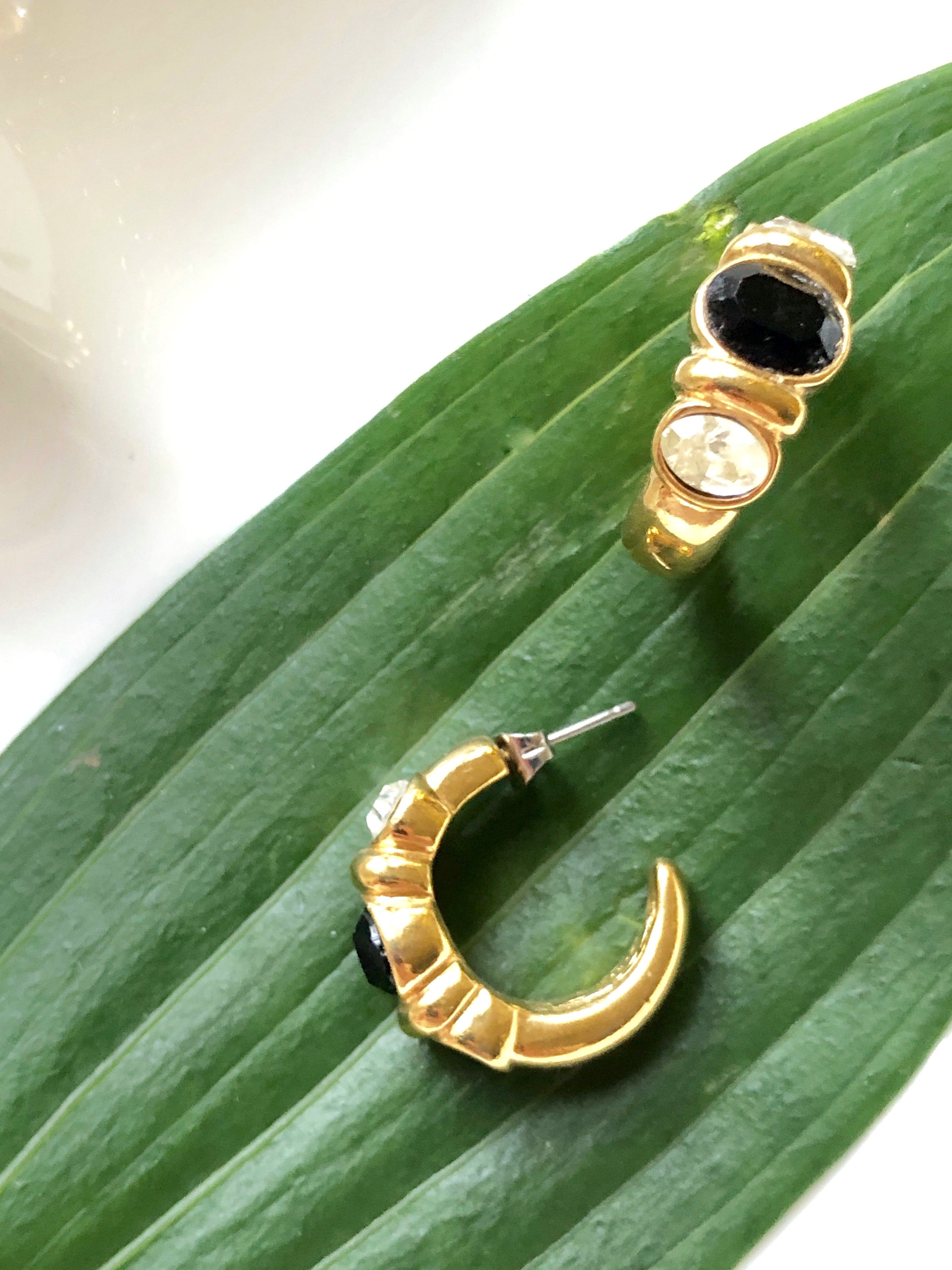 Avon Embed Black Gemstone Gold Hoop Earrings