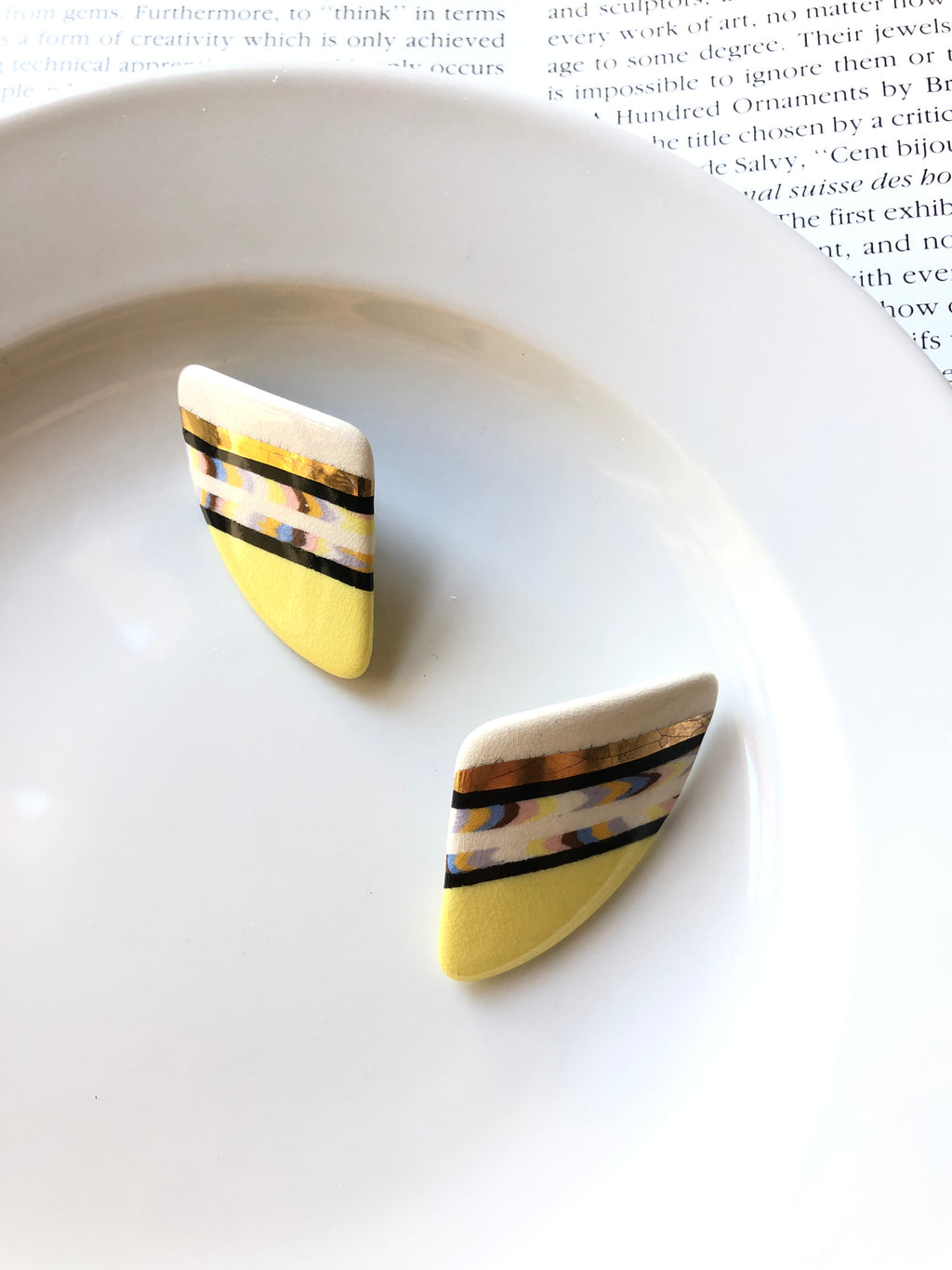 Fan Colorful Stripe Yellow Porcelain Stud Earrings