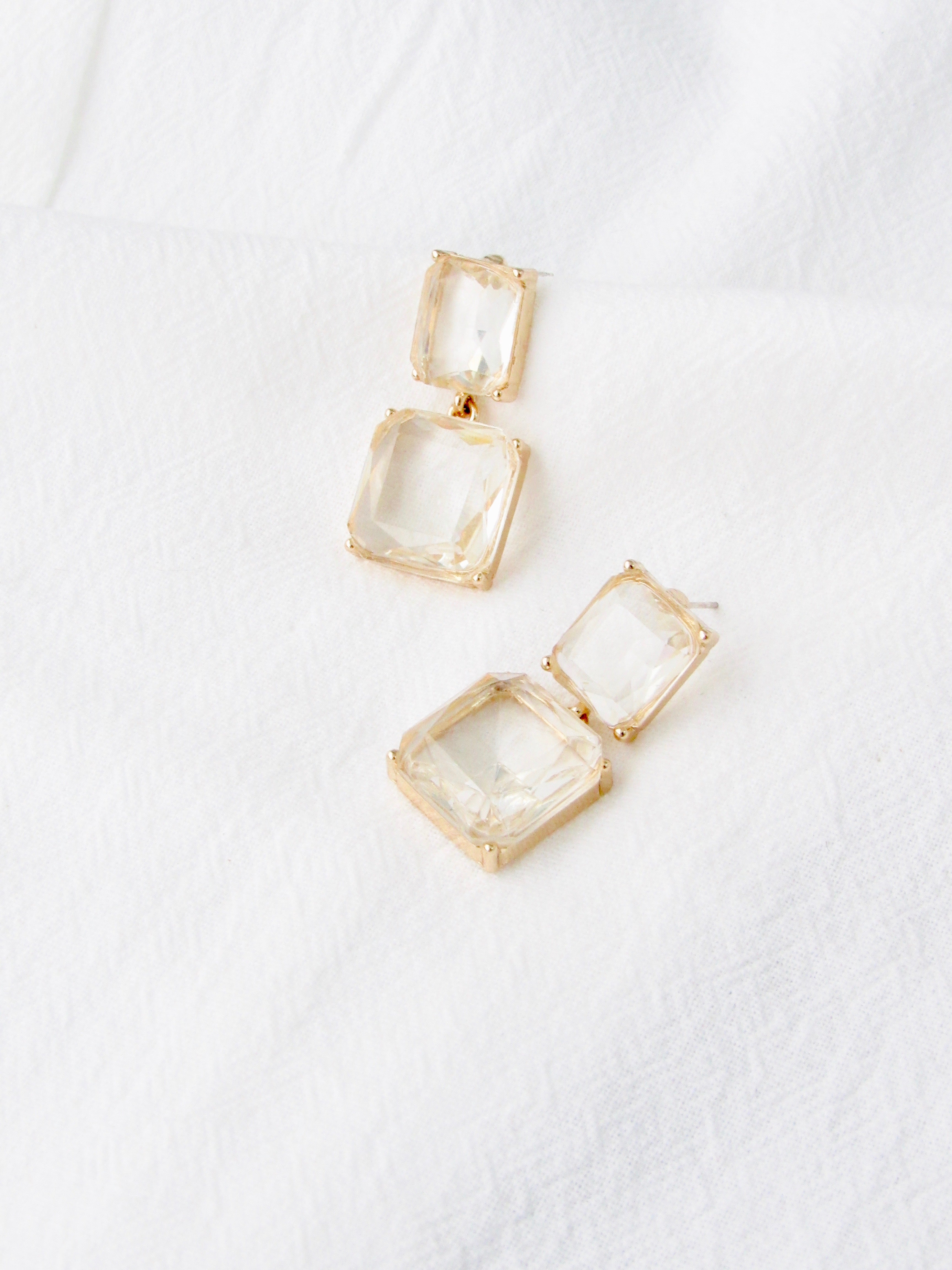 Double Square Clear Glass Gold Dangle Earrings