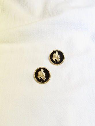 Medallion Black Enamel Gold Stud Earrings