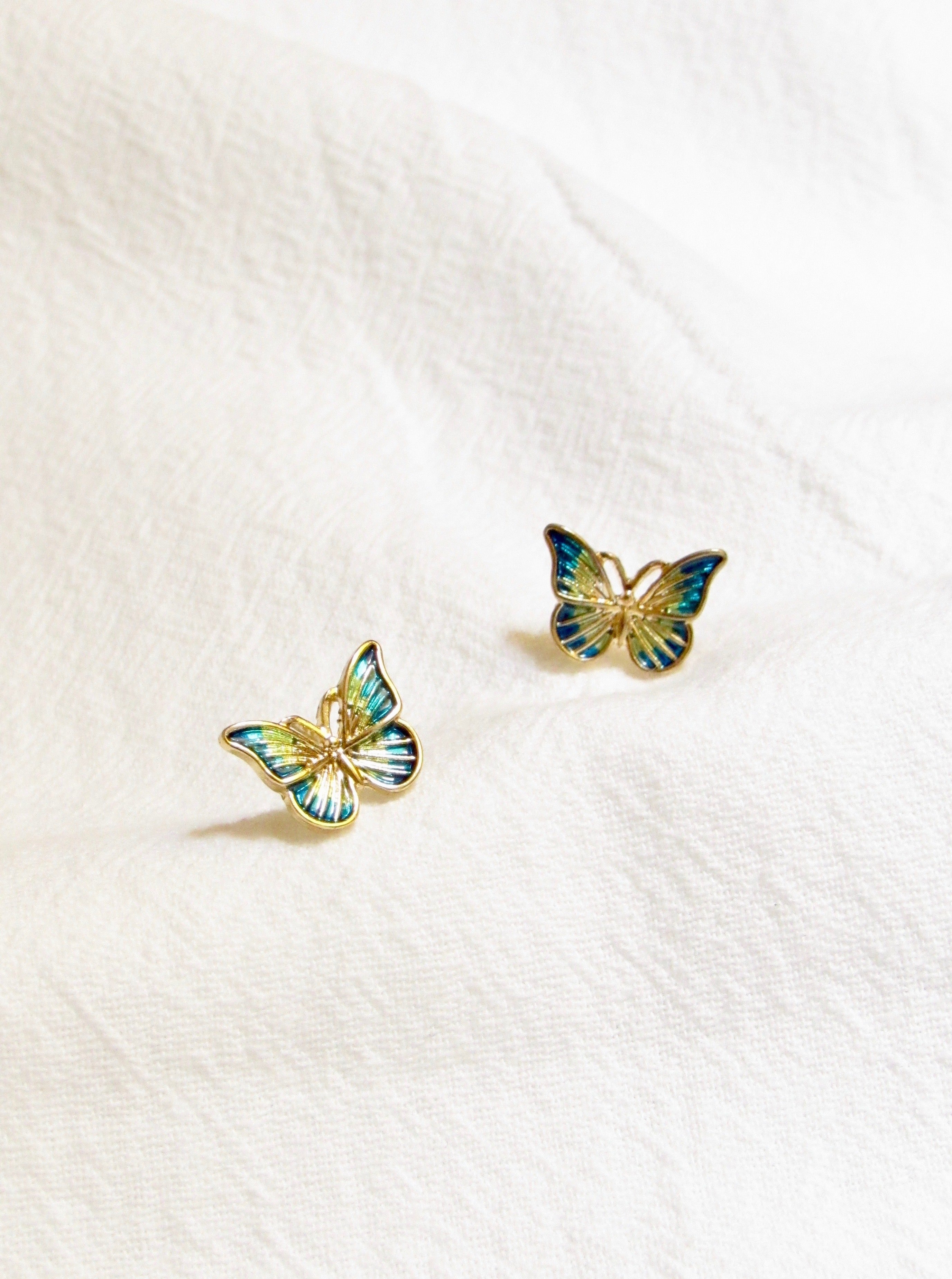 Butterfly Gradient Green Enamel Gold Stud Earrings