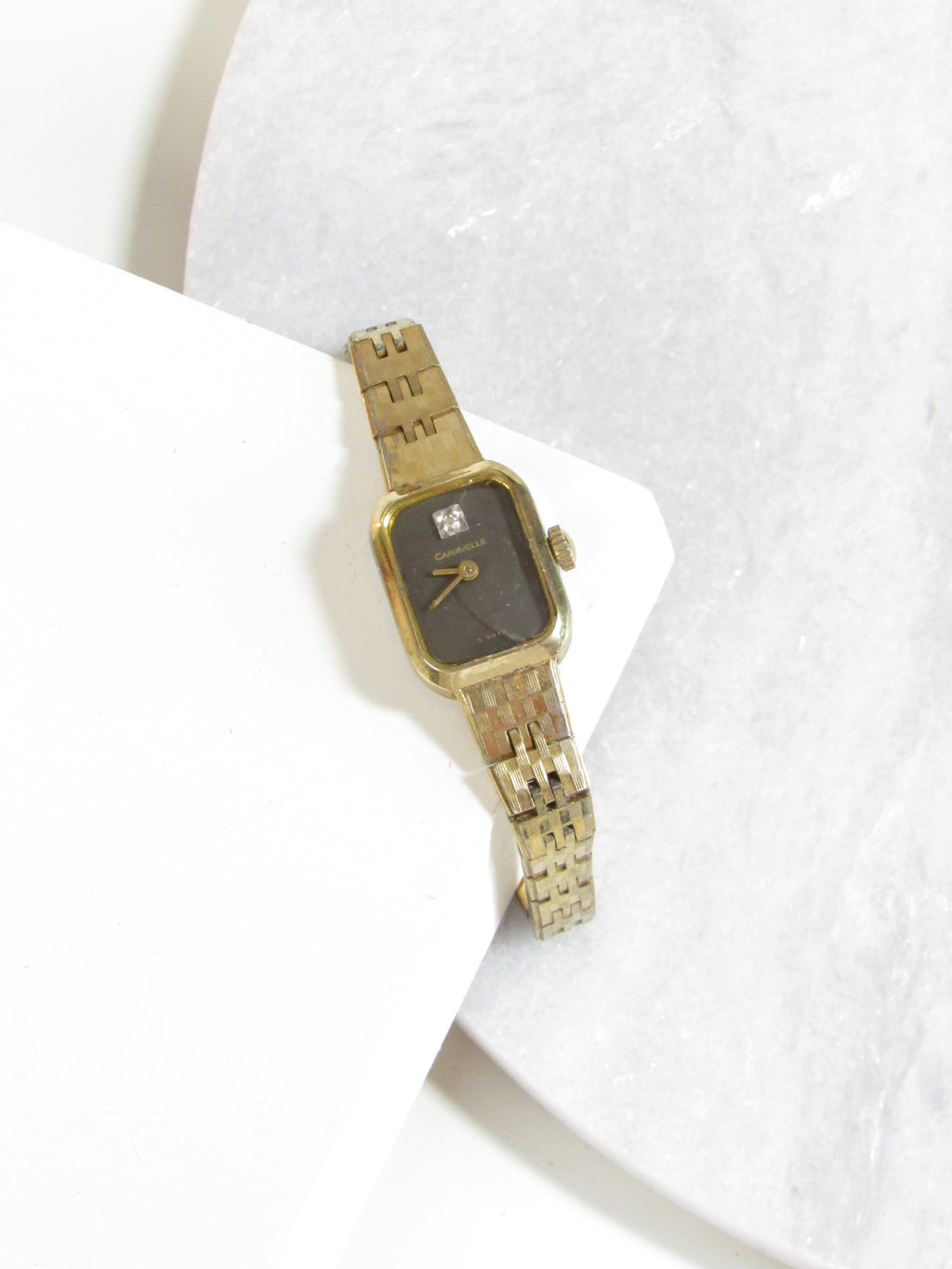 Caravelle Rectangle Black Gold Tone Dial Diamond Ladies Watch