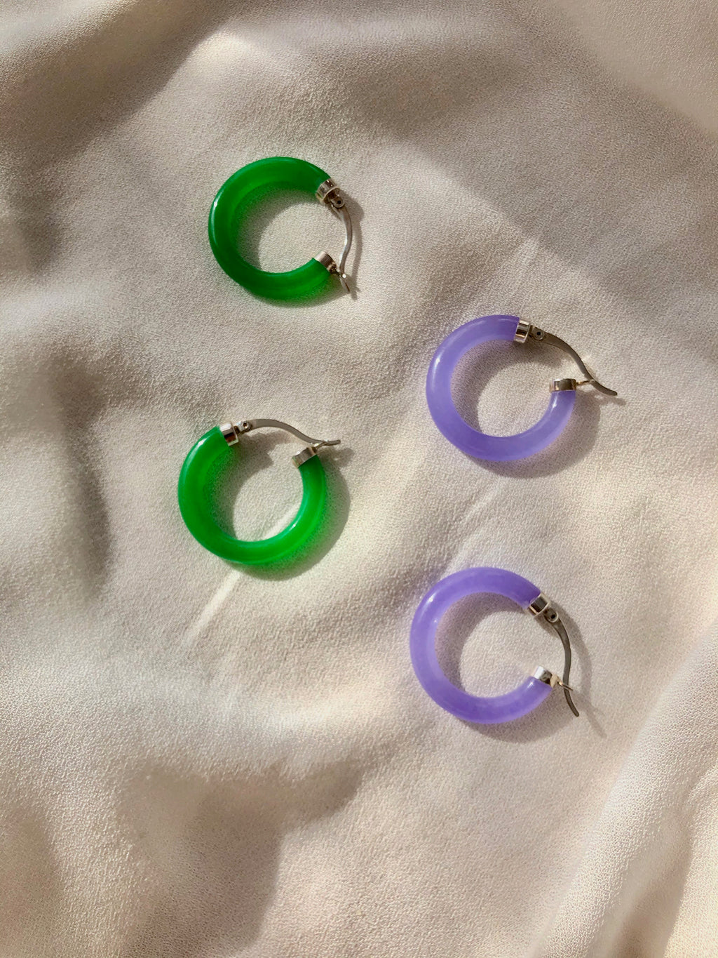 Lime Green Jade Hoop Silver Earrings