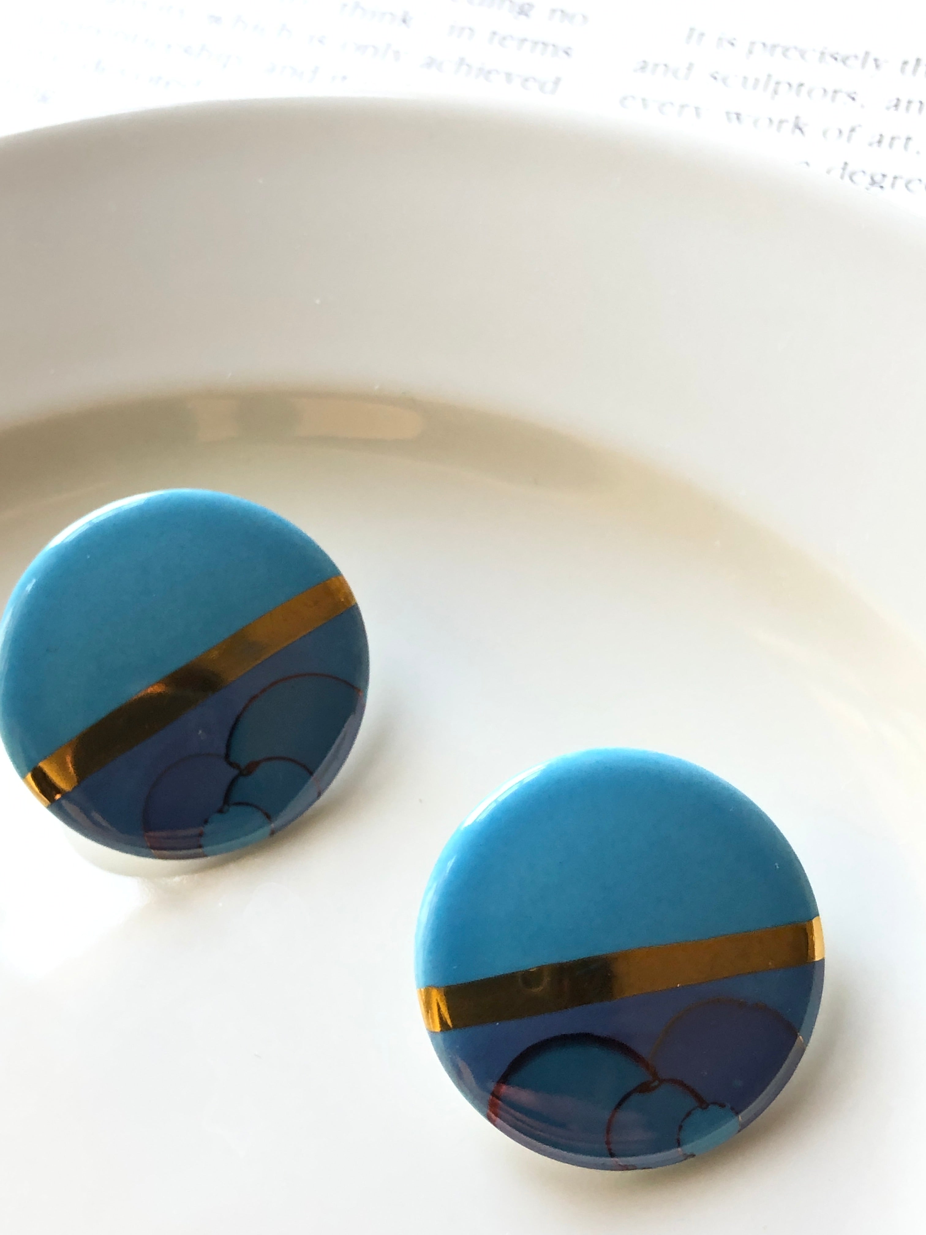 Half Ripple Aqua Blue Porcelain Stud Statement Earrings