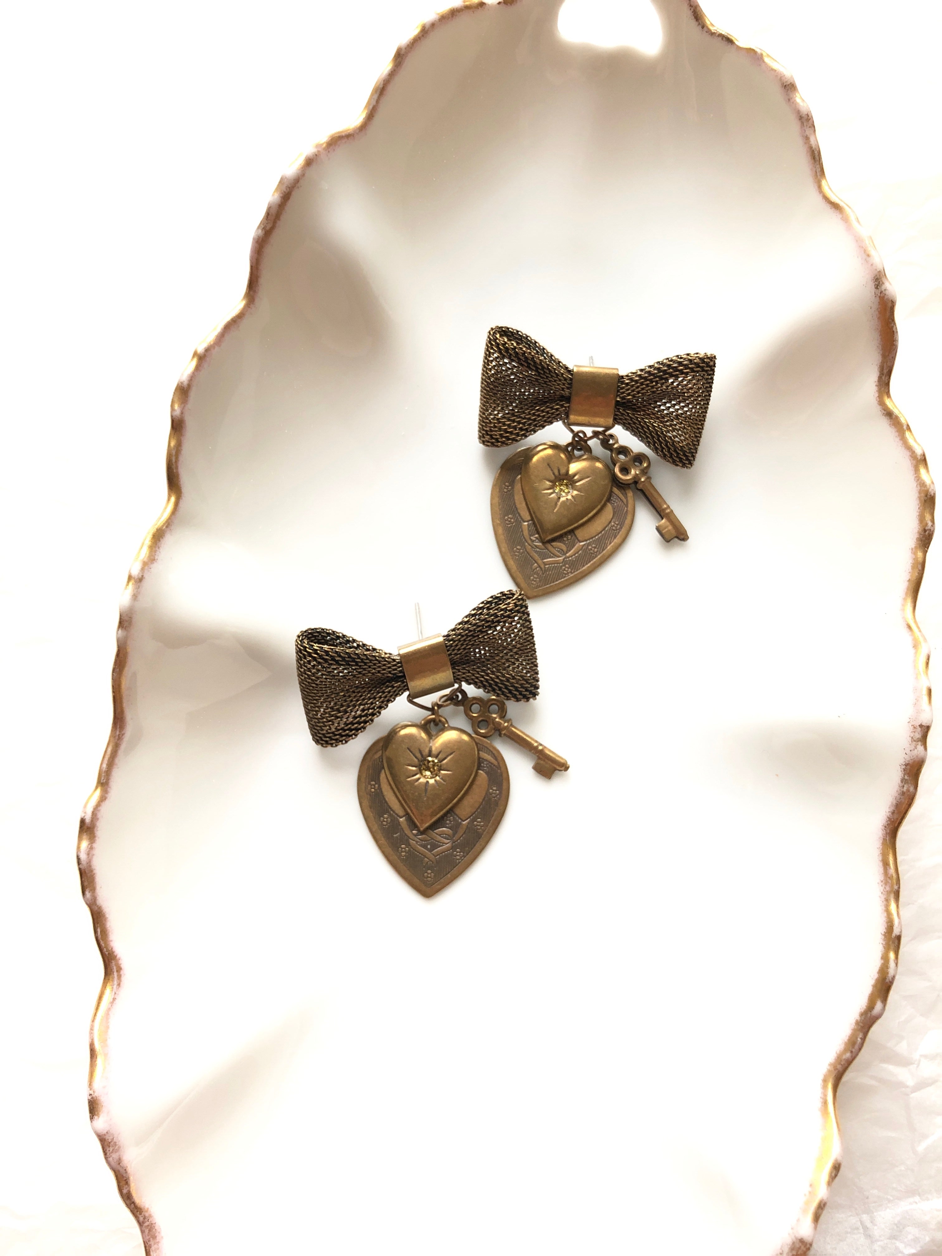 Vintage Heart Key & Bow Bronze Statement Earrings