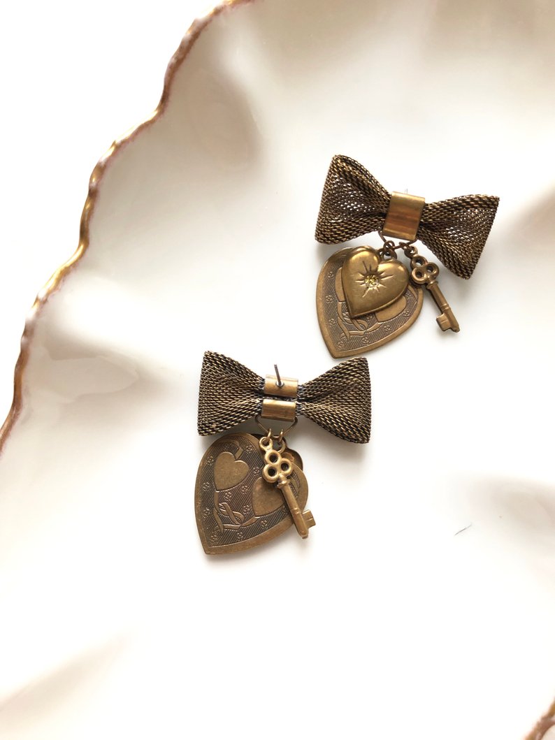 Vintage Heart Key & Bow Bronze Statement Earrings