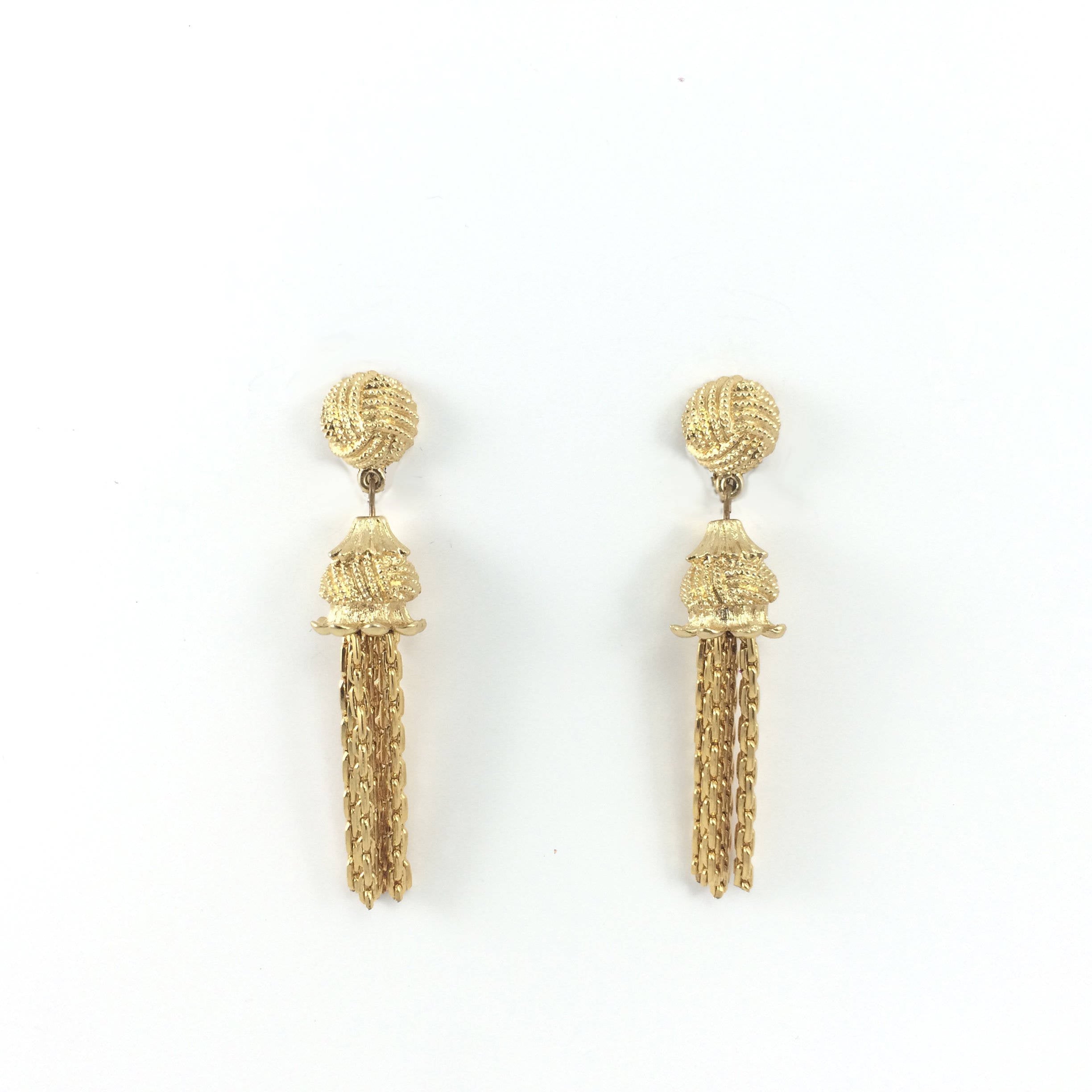 Vintage 70s Signed Monet Gold Tassel Drop Clip-on Earrings