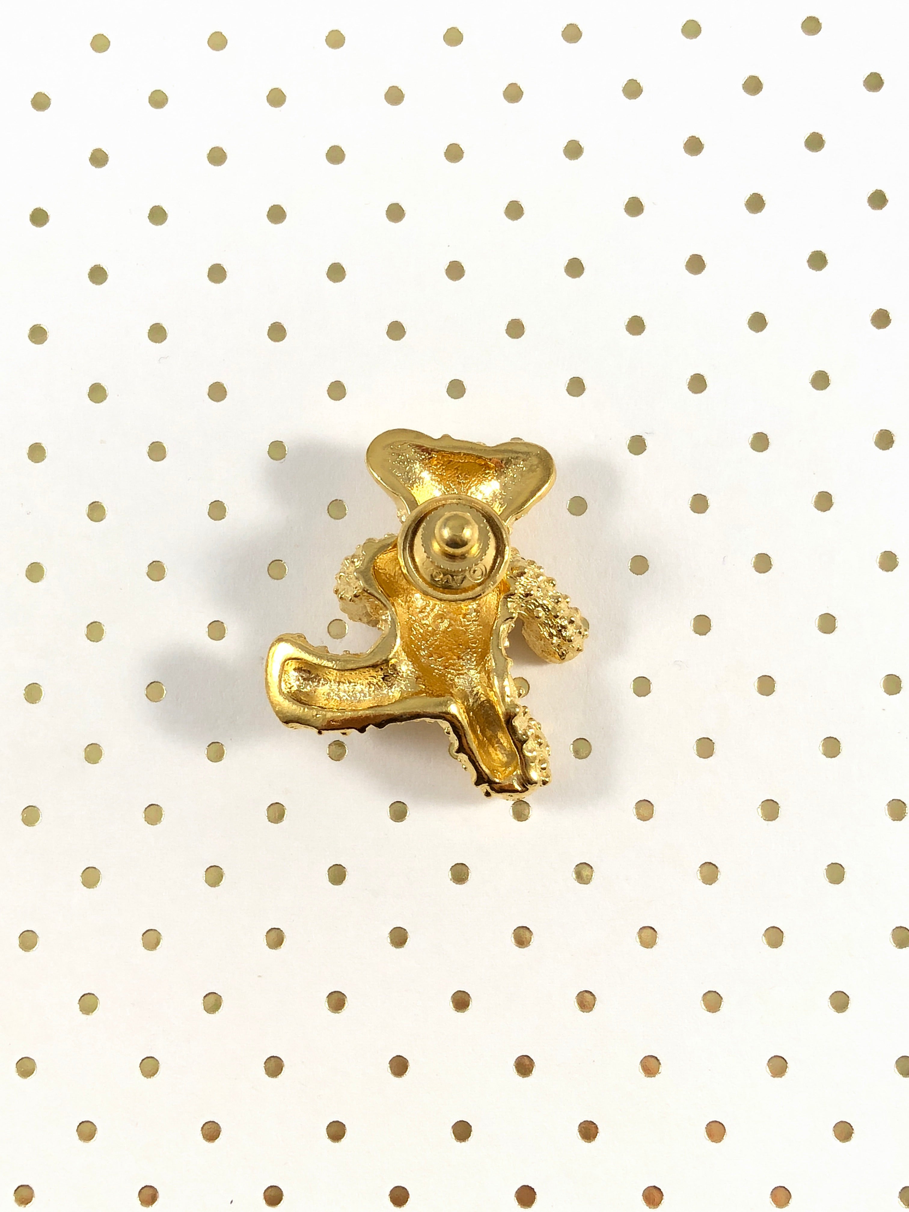80s Red Bow Gold Bear Brooch