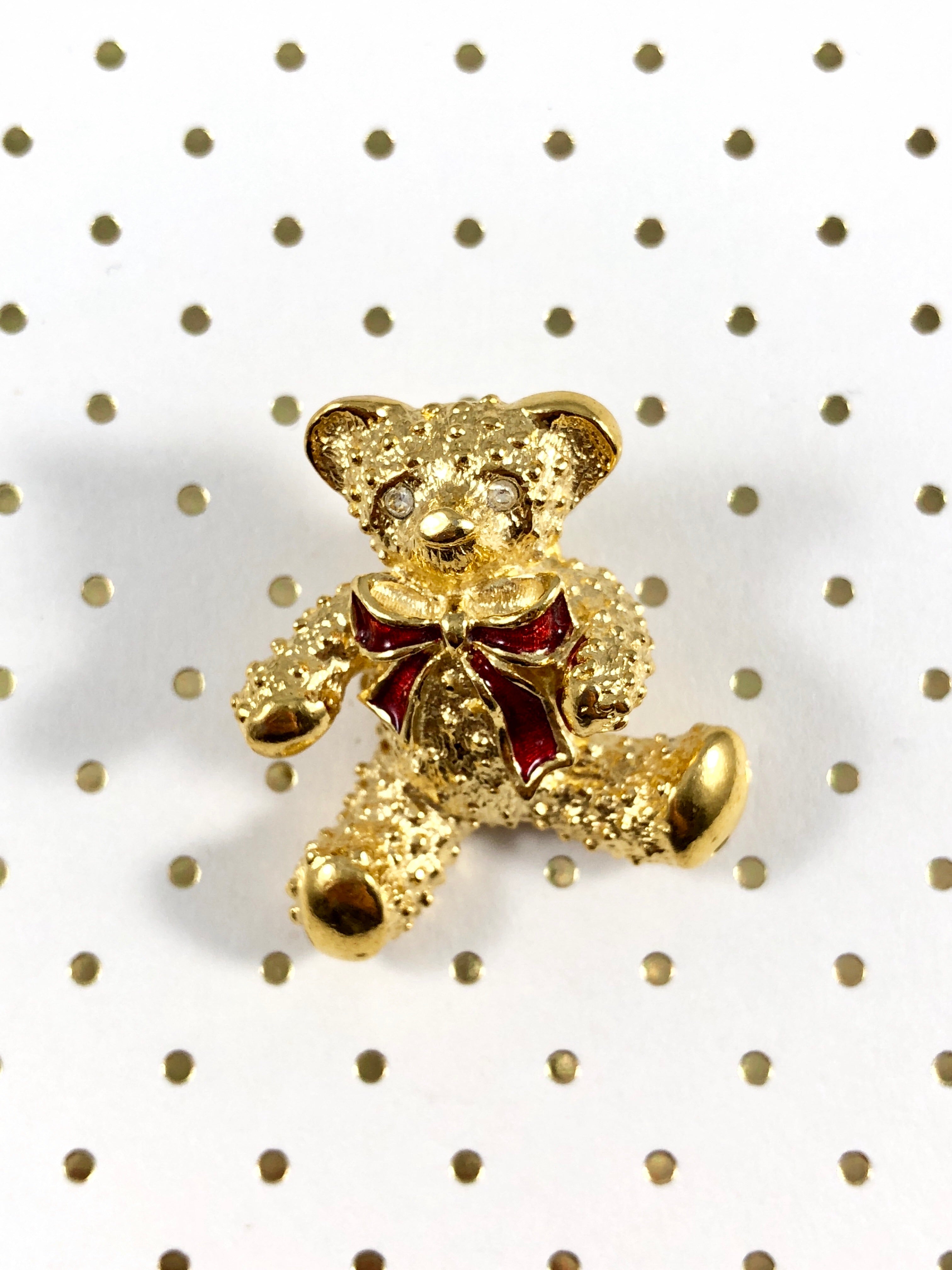 80s Red Bow Gold Bear Brooch