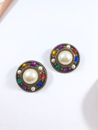 Vintage 80s Art Deco Pearl Jewels Earrings