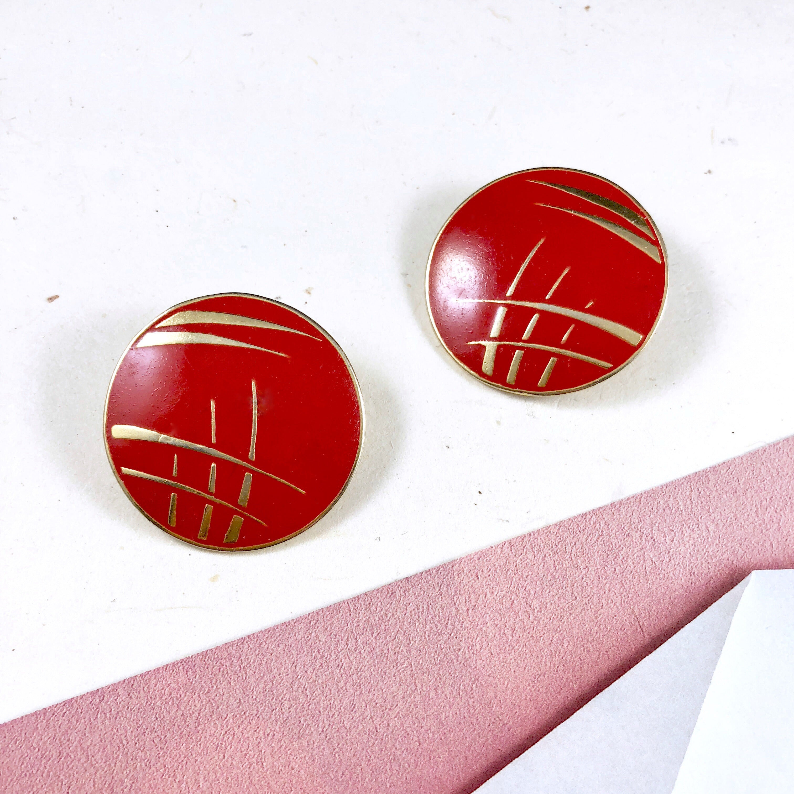 Vintage L.BOTT Red Enamel Gold Art button Earrings