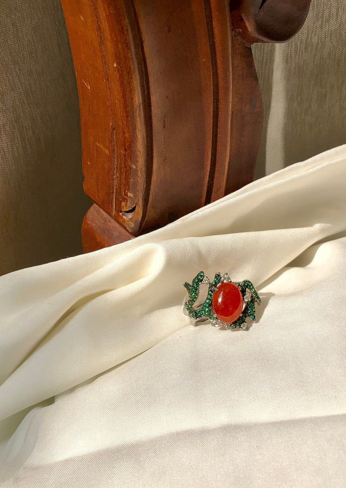 Minty Marsala Red Jadeite & Tsavorite Ring