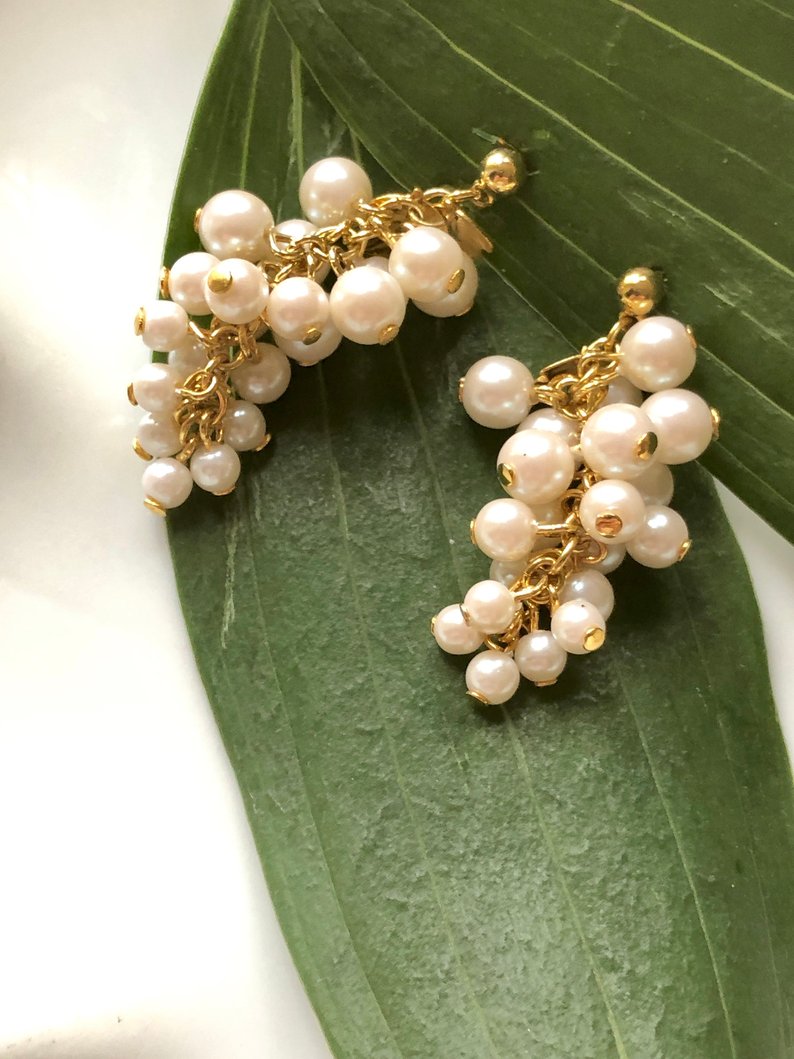 Ivory Bead Gold Cluster Earrings