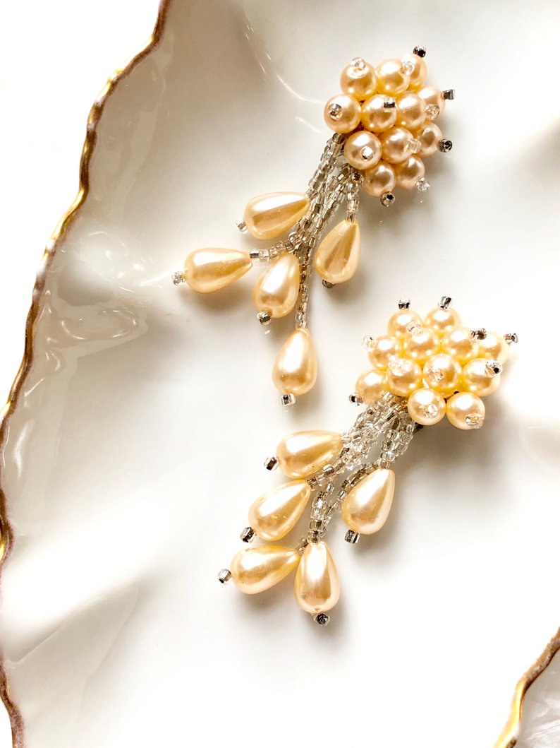 Vintage Ivory Pearl Cluster Drop Earrings