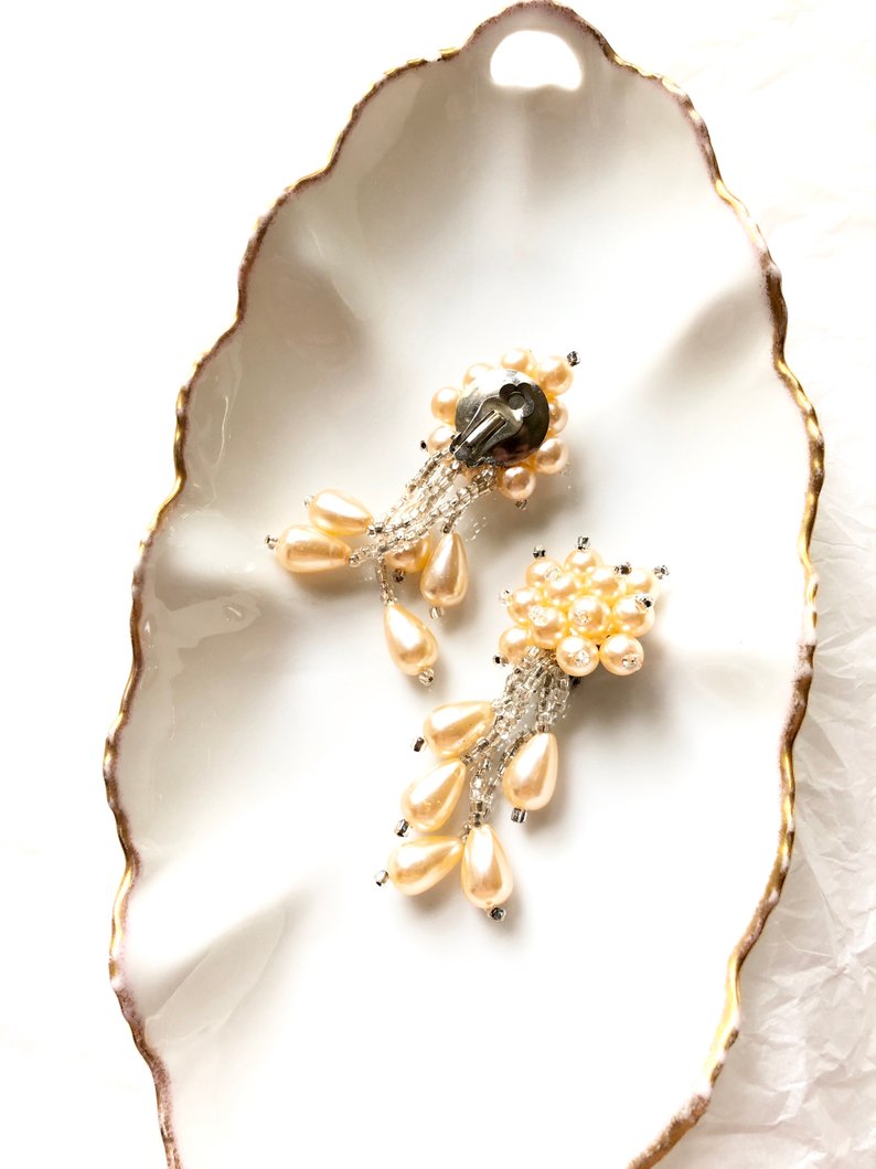 Vintage Ivory Pearl Cluster Drop Earrings