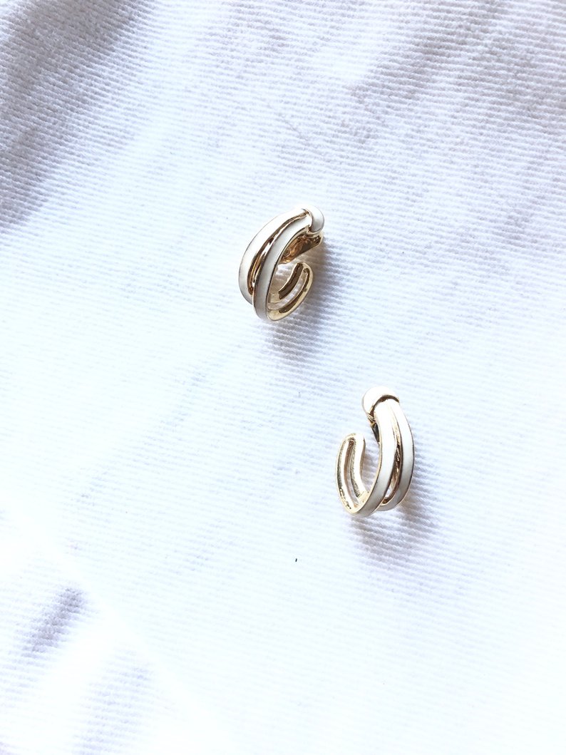 Vintage Monet Double Strings White Clip On Earrings