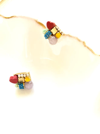 Multicolor Heart & Beads Embed Gold Pierced Earrings
