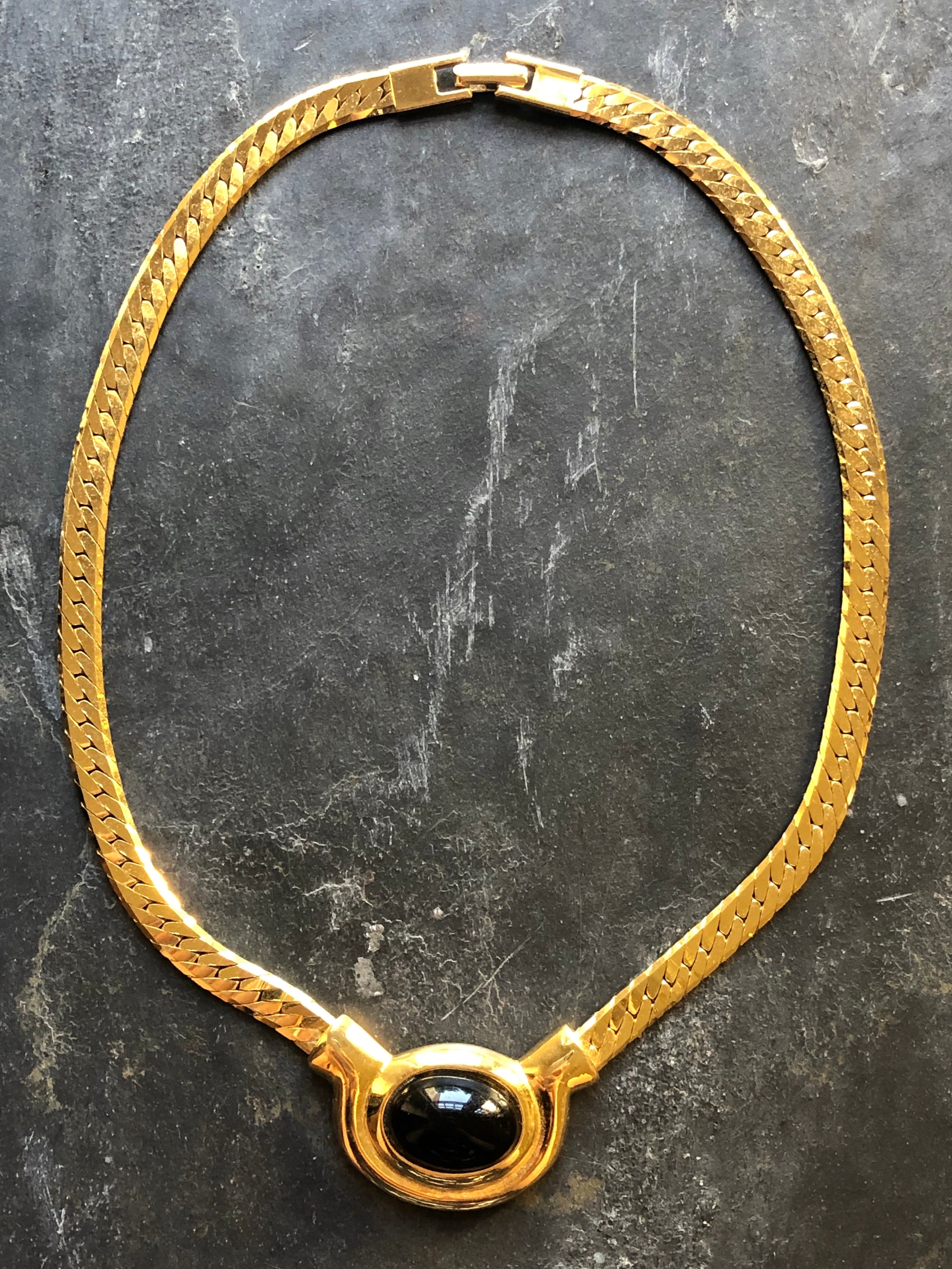 Napier Embed Oval Black Gold Pendant Necklace