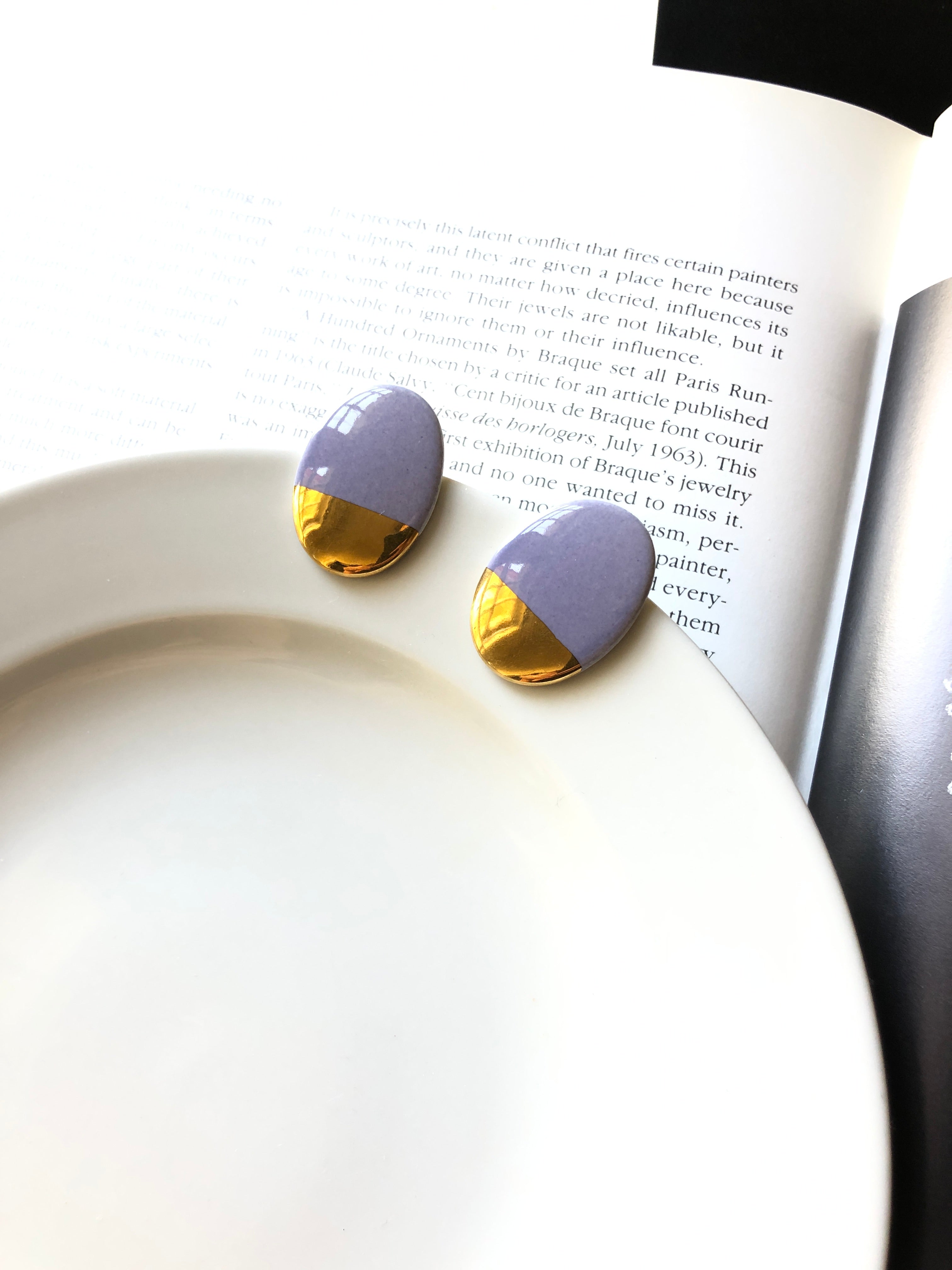 Oval Lavender Purple Gold Dipped Porcelain Stud Earrings