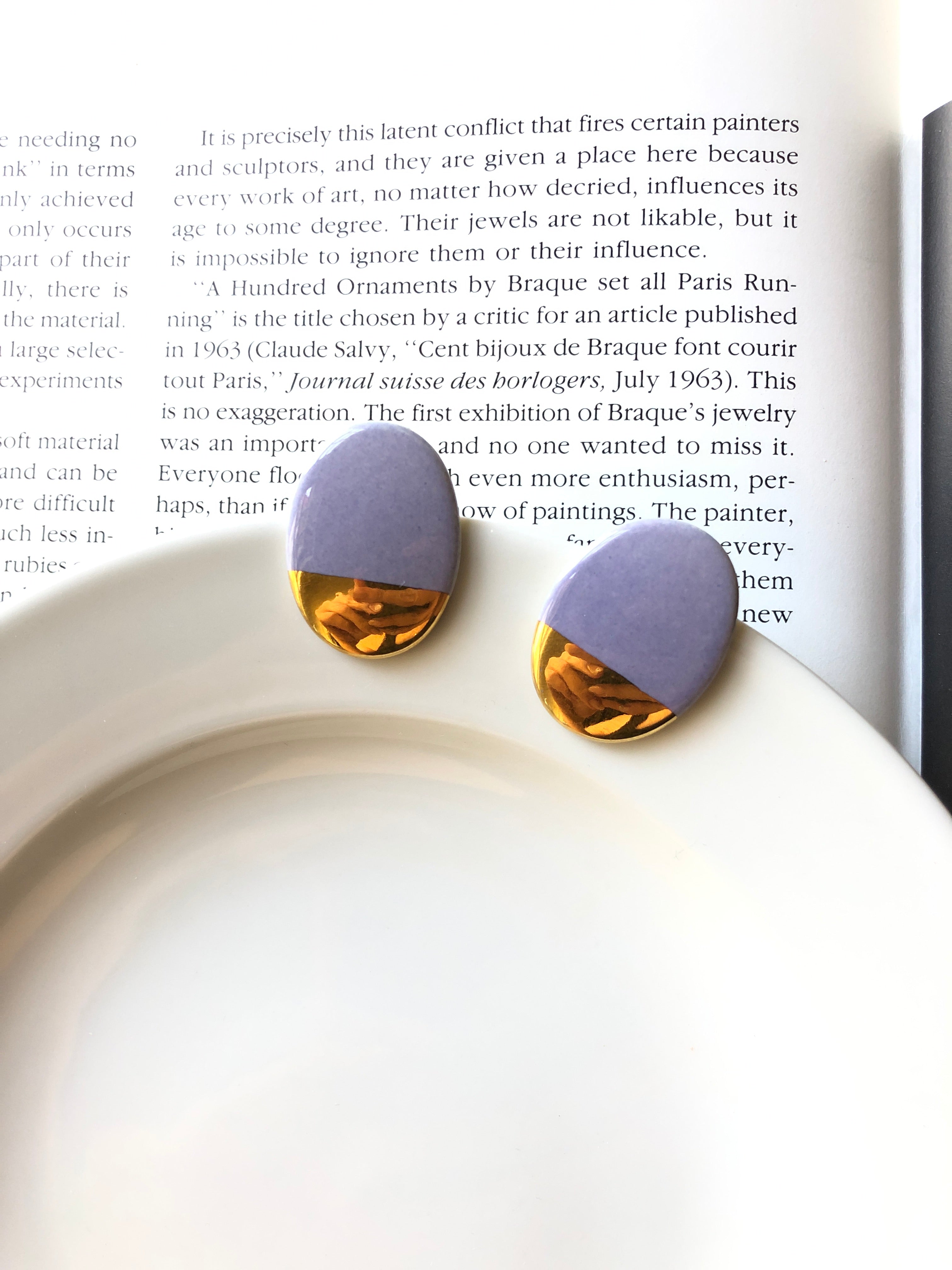 Oval Lavender Purple Gold Dipped Porcelain Stud Earrings
