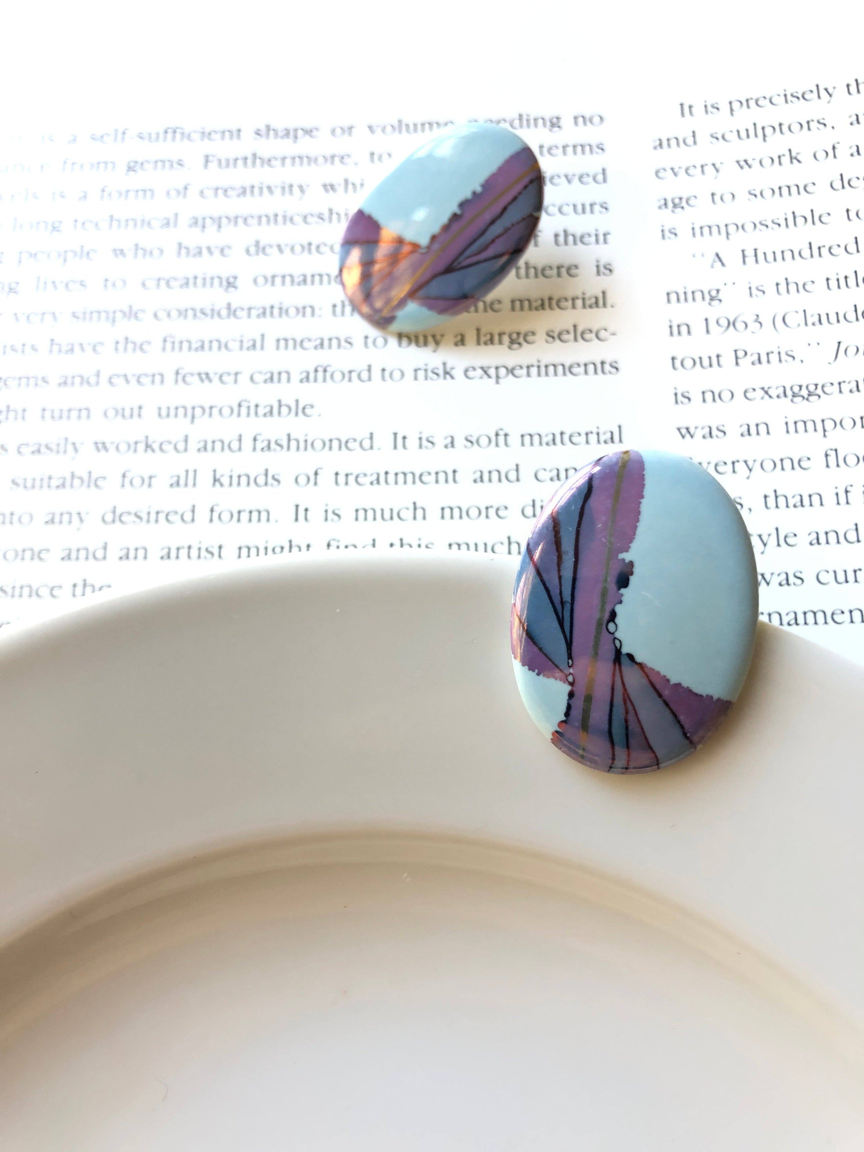 Oval Light Blue & Purple Porcelain Stud Earrings