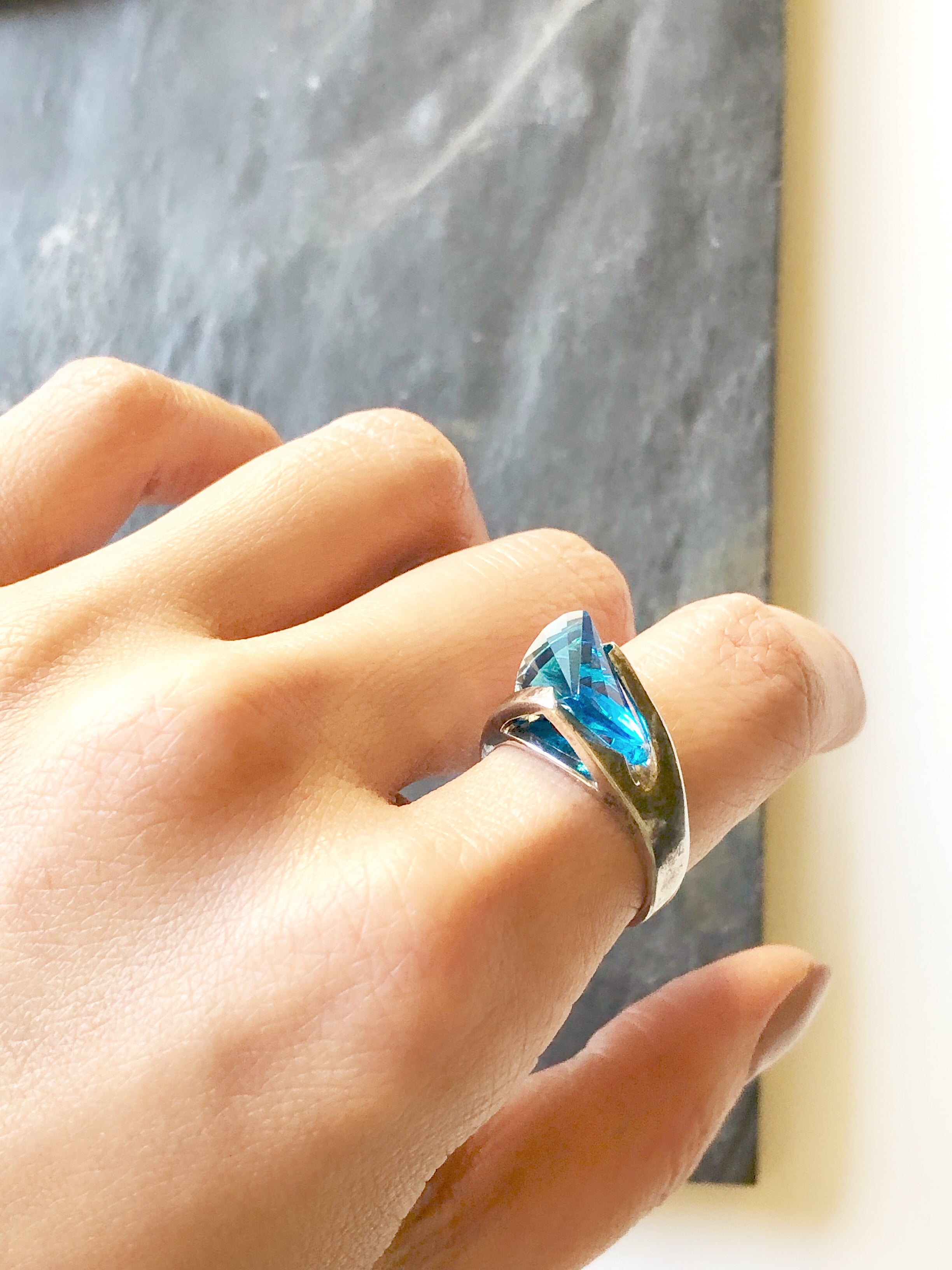 Pointed Clear Aqua Blue Crystal Silver Cocktail Ring