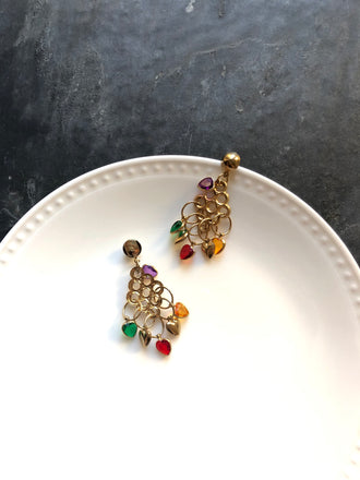 Retro Multi-color Heart Crystals Gold Dangle Earrings