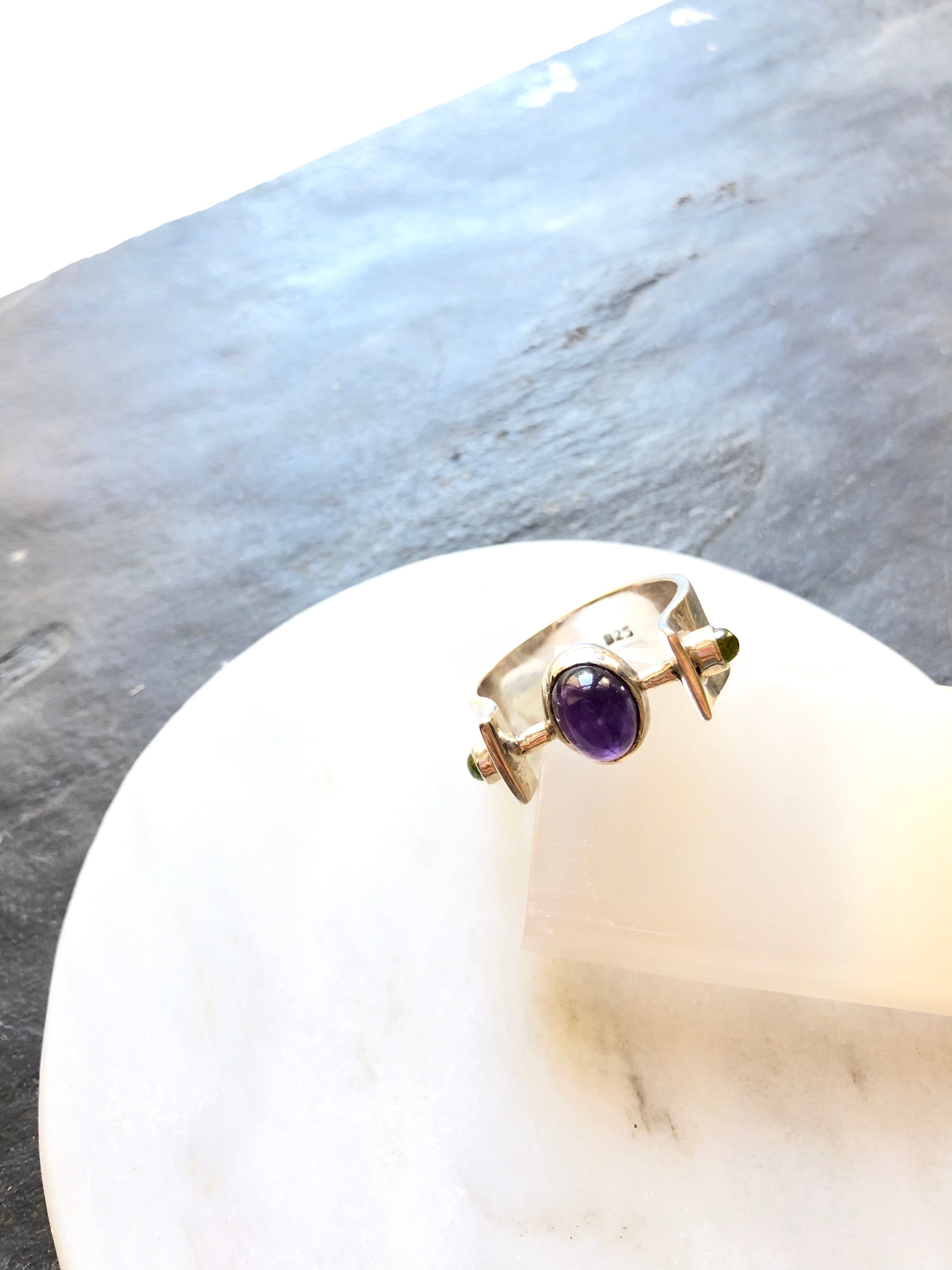 Oval Amethyst With Peridot Accents Silver Statement Ring