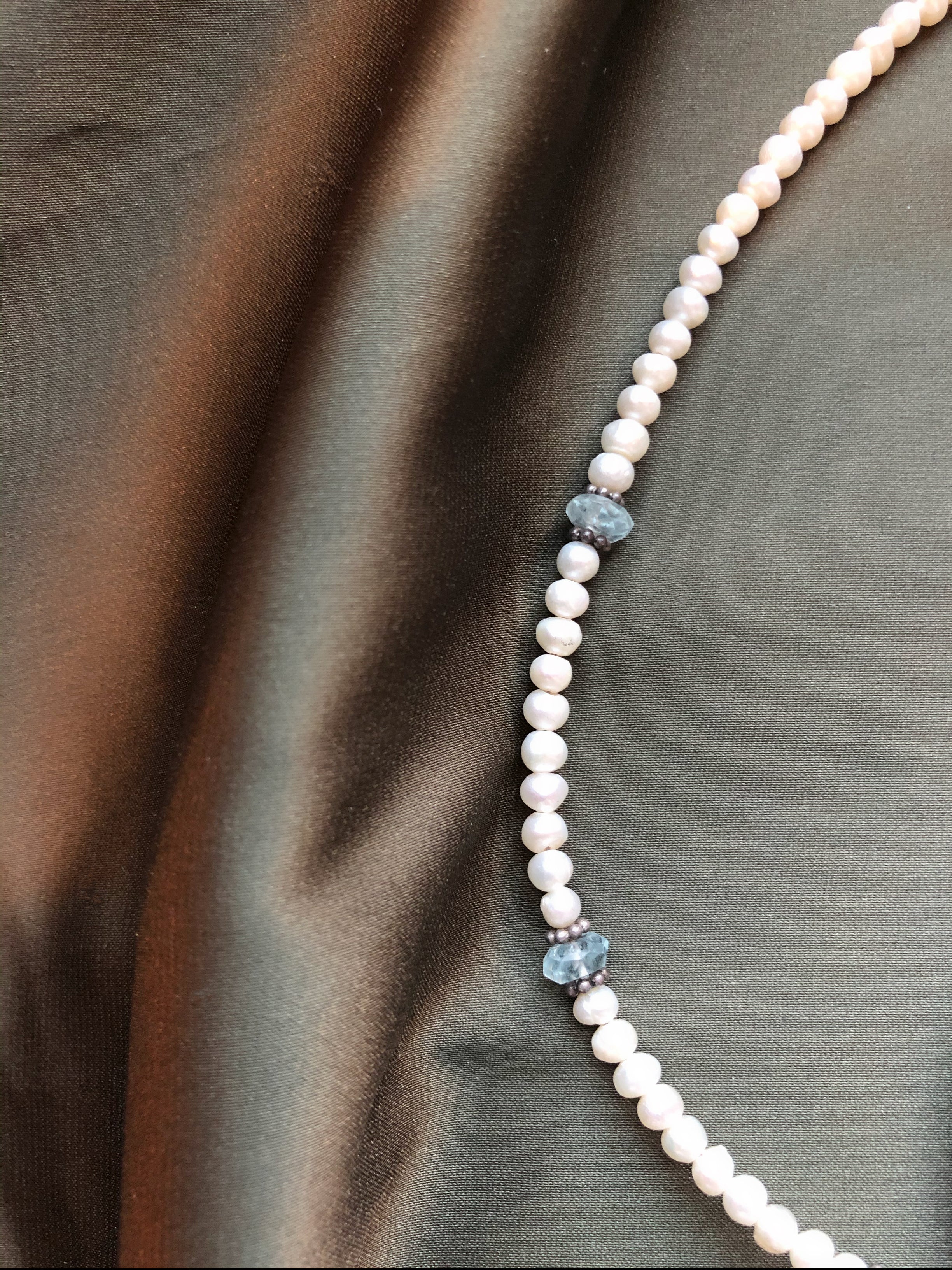 Vintage Aquamarine Beads & Pearls Silver Necklace