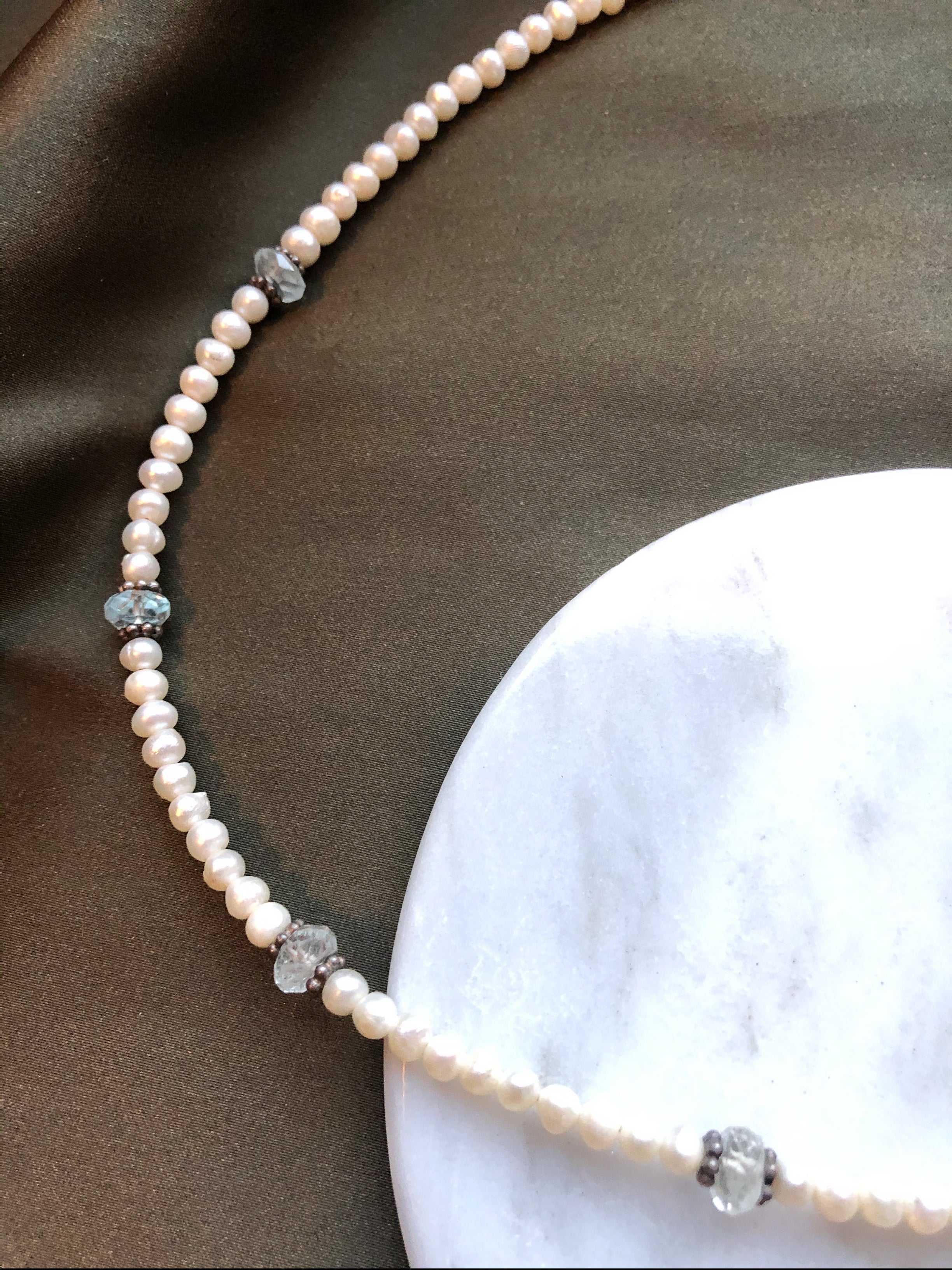 Vintage Aquamarine Beads & Pearls Silver Necklace