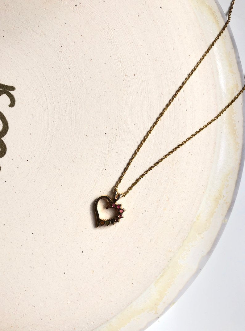 Vintage Rainbow Heart 18k Gold Filled Pendant Necklace