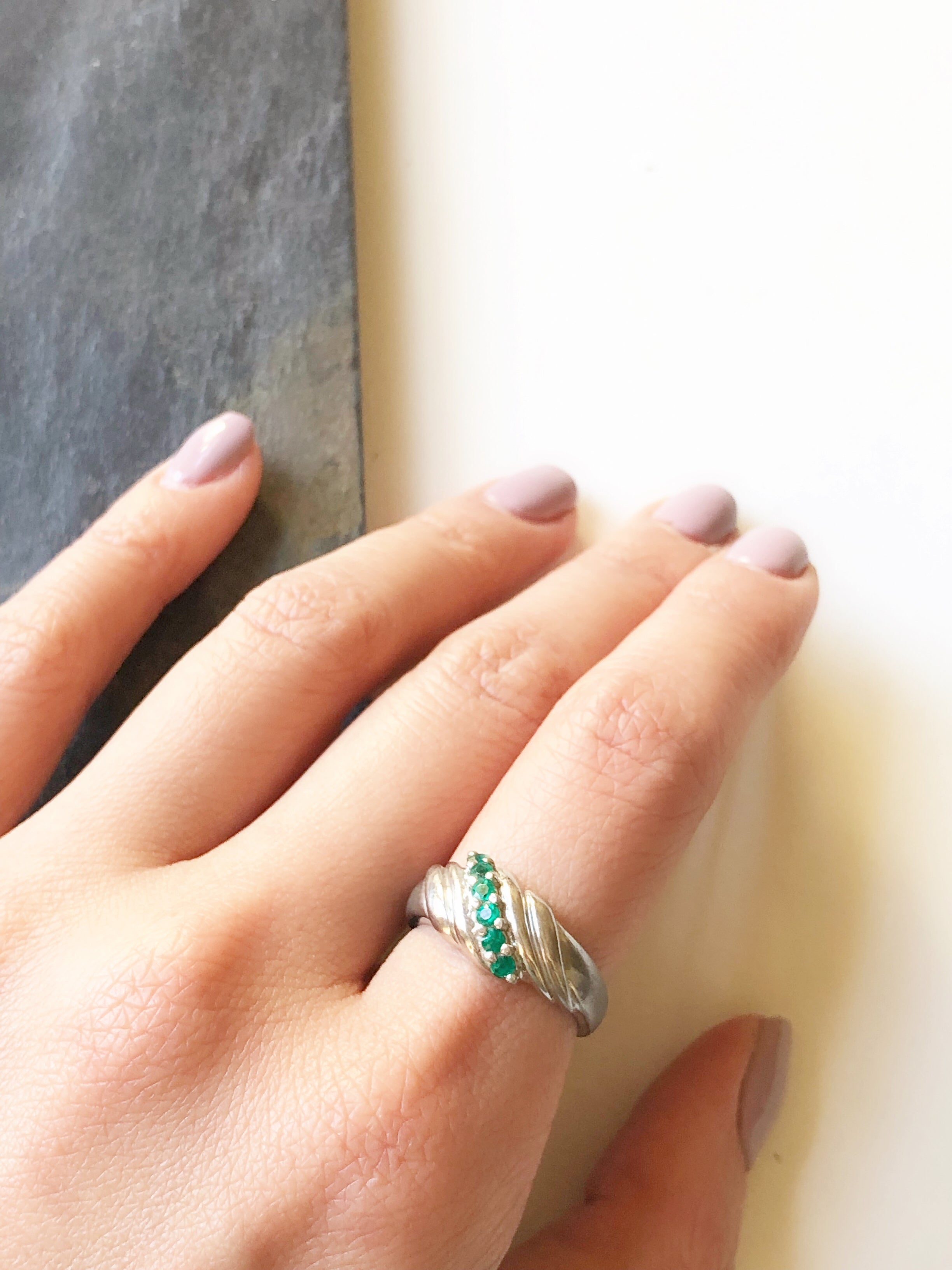 Slanted Green Synthetic Emerald Silver Ring